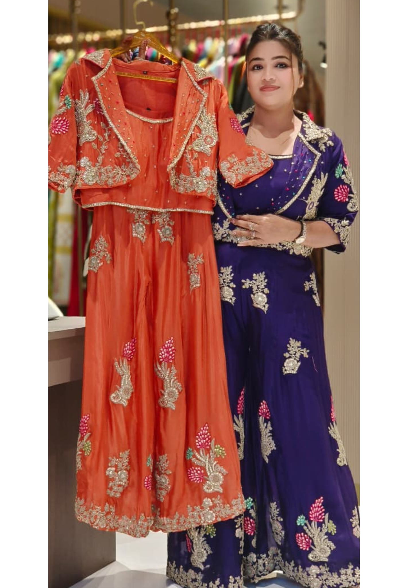 Opulent Chinon Fabric Three-Piece Palazzo Set with Rich Zari Embroidered Jacket, Stone-Studded Crop Top & Flowy Pants-12560,12559