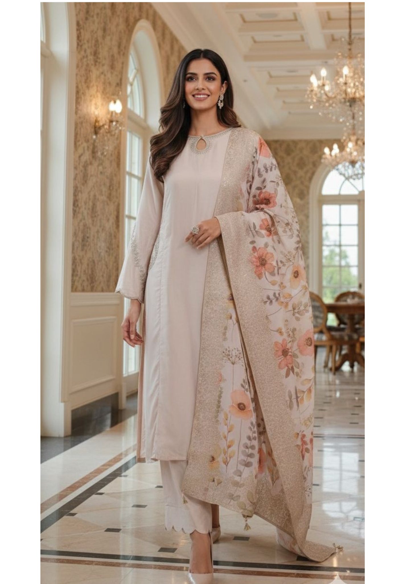Floral Pocket Look Panel A-Line Full Suit Set With Flower Prints Dupatta In Silk Fabric- 11706