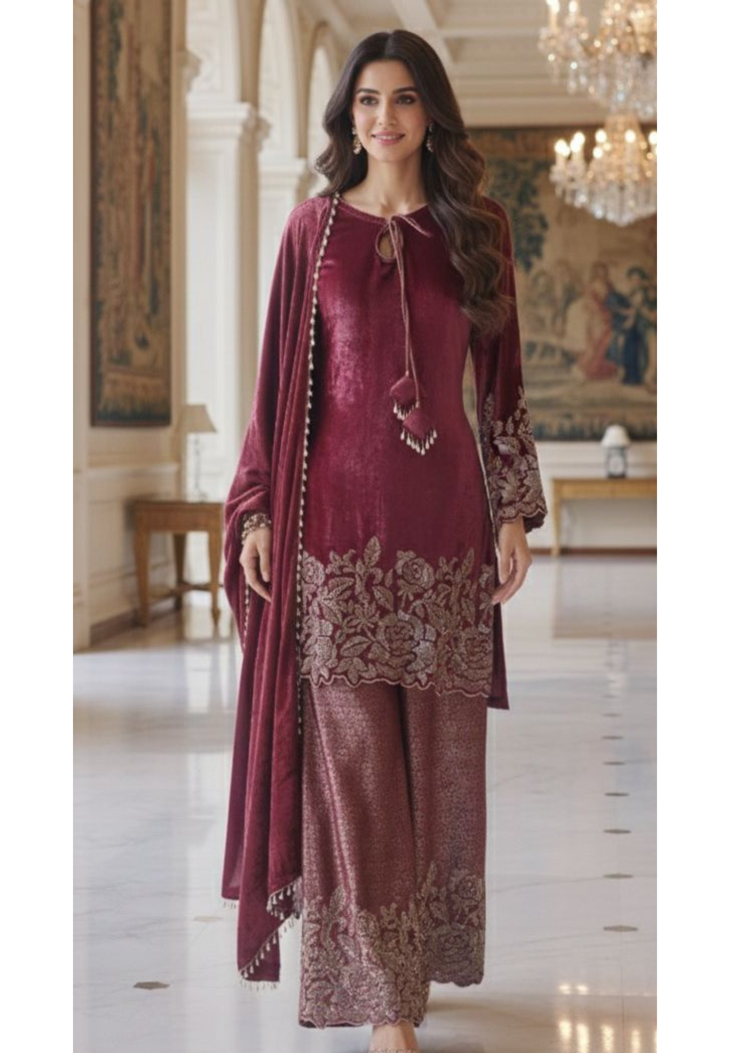 Cut-Dana Embellished Velvet Kurta With Heavy Brocade Bottom & Pearl Tasseled Dupatta- 12453