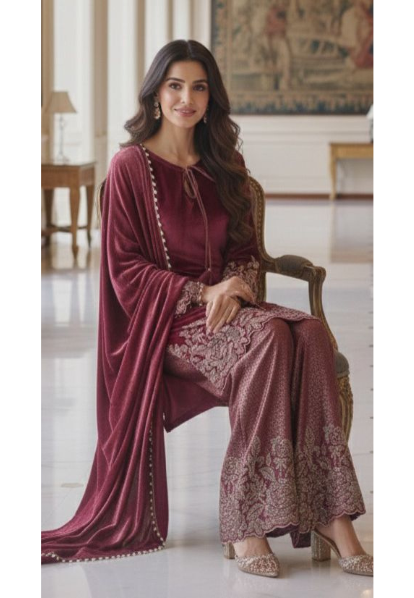 Cut-Dana Embellished Velvet Kurta With Heavy Brocade Bottom & Pearl Tasseled Dupatta- 12453