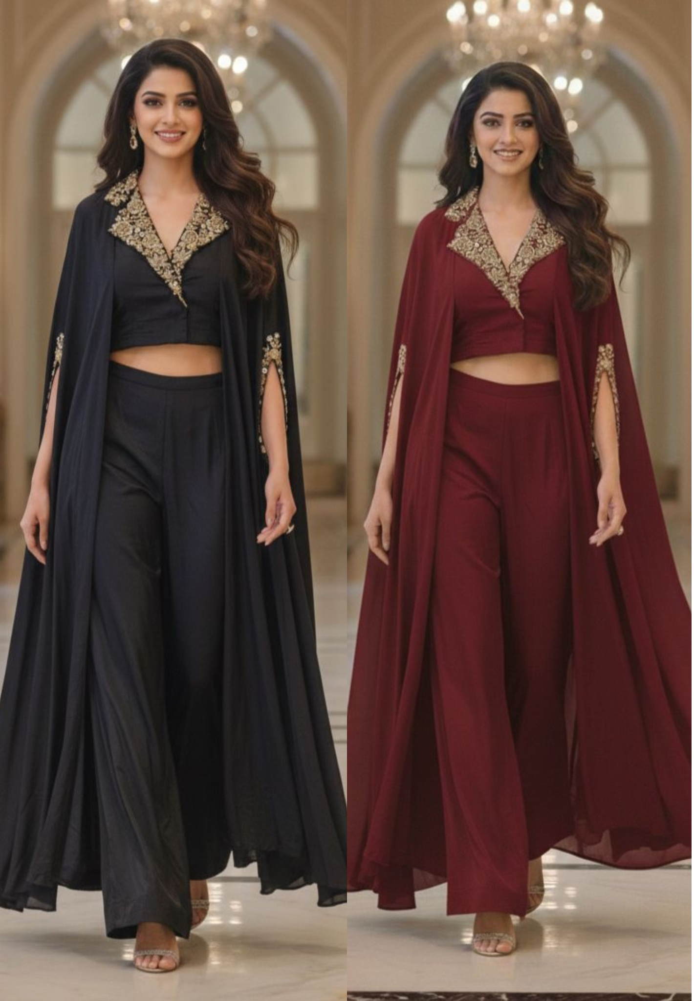 Elegant Rich Antique Gold Floral Embroidery on Neckline Collar Crop Top With Drape Skirt Bottom DRYWASH-12398,12397