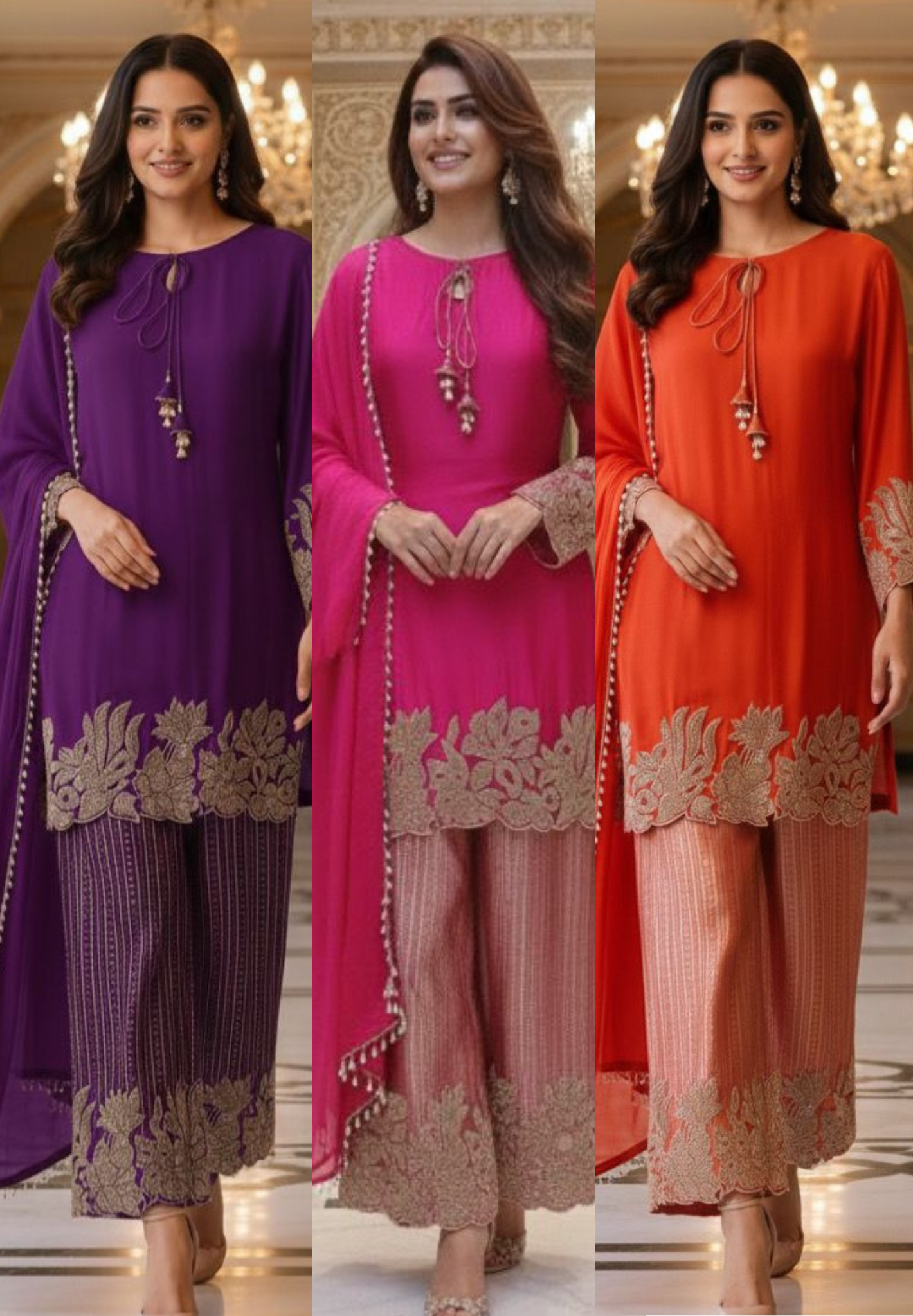 Premium Fuchsia Embroidered Kurta with Zari Work Heavy Brocade Palazzo and Matching Dupatta-12455,12457