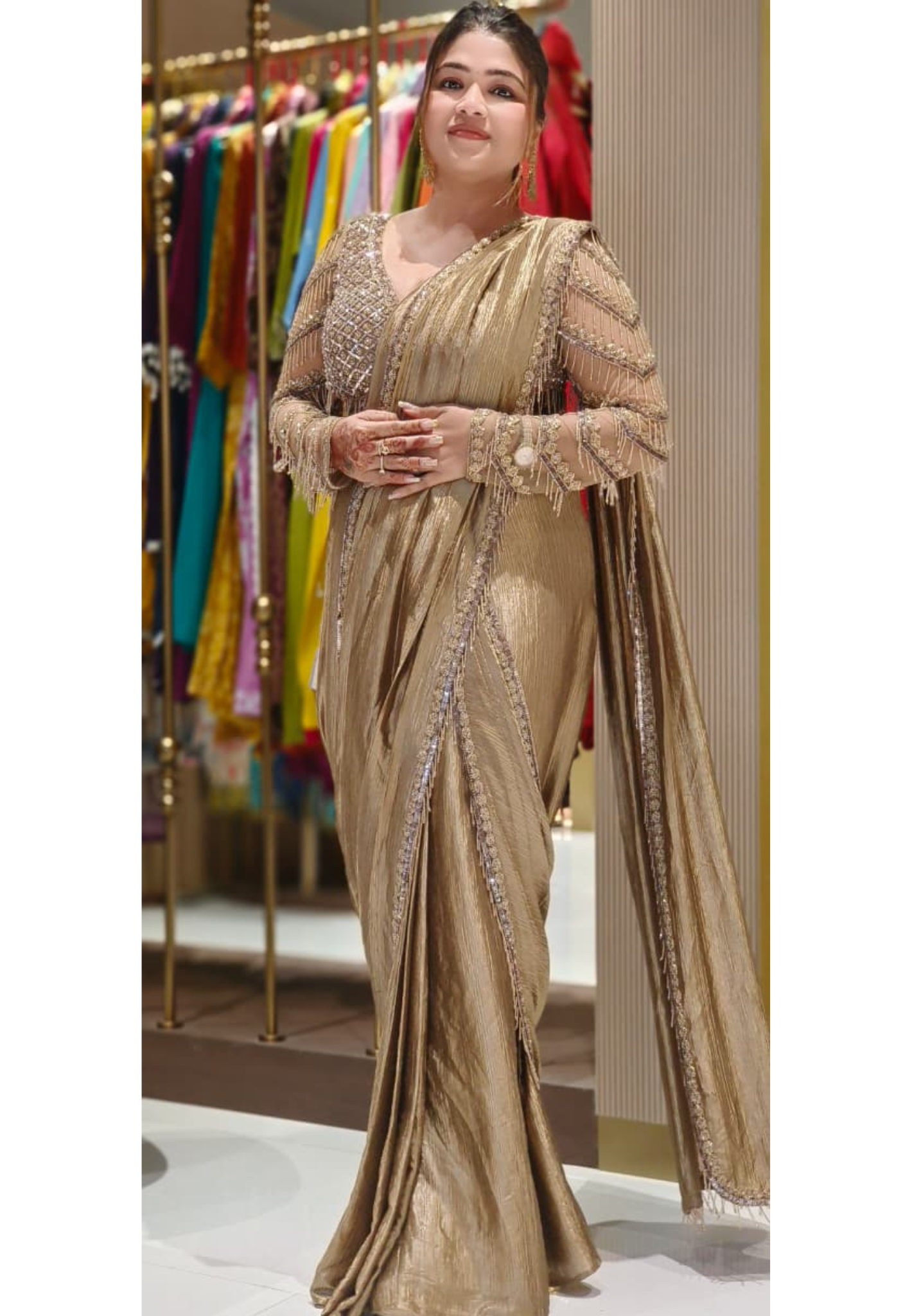 Premium Metallic Gold Pre-Draped Saree with Intricate Crystal, Sequin & Cut Dana Blouse and Coordinated Embellished Drape Pallu DRYWASH-12611 (DISPATCHING AFTER 30 DAYS ON ORDERS)