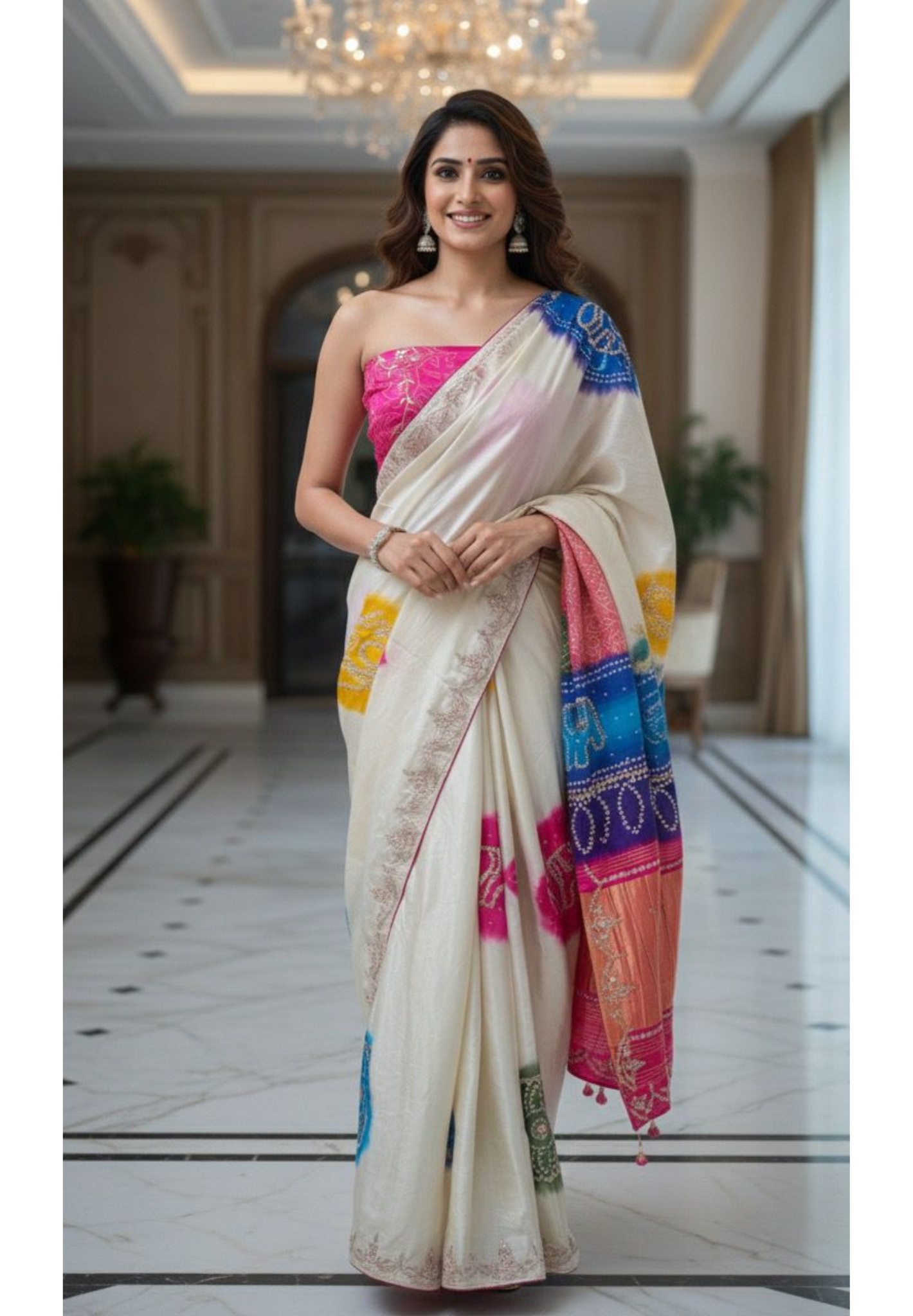 Gotta Minimal Bordered Tri Color Bandhej Saree With Unstitch Blouse