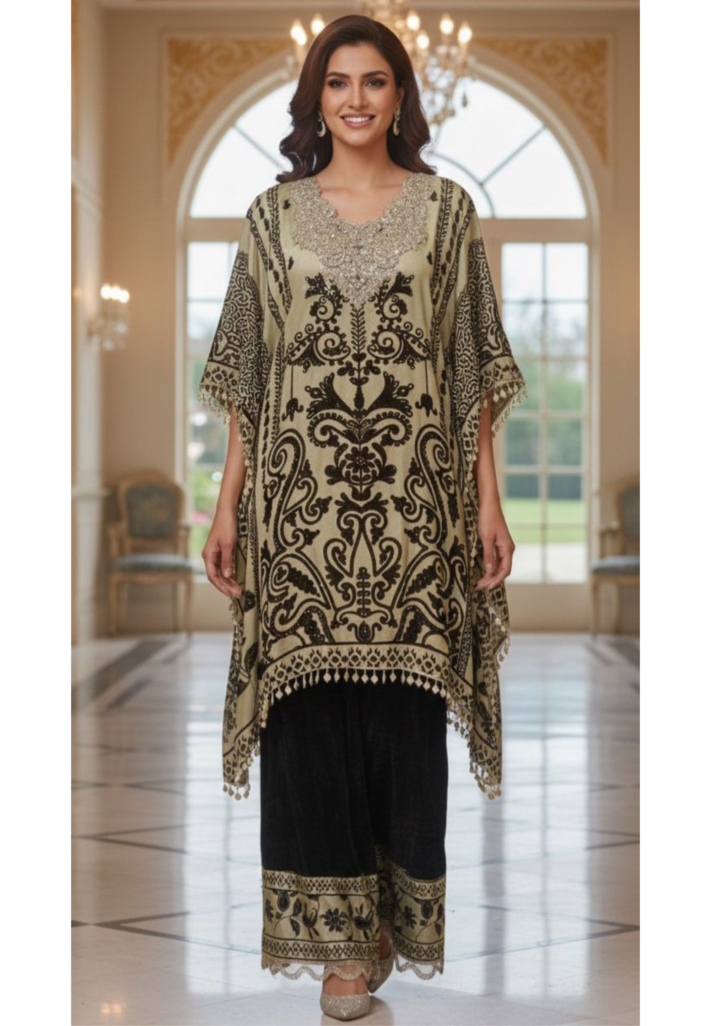 Sequin & Tiny Pearl Neck Line Printed Heavy Kaftan- 07846