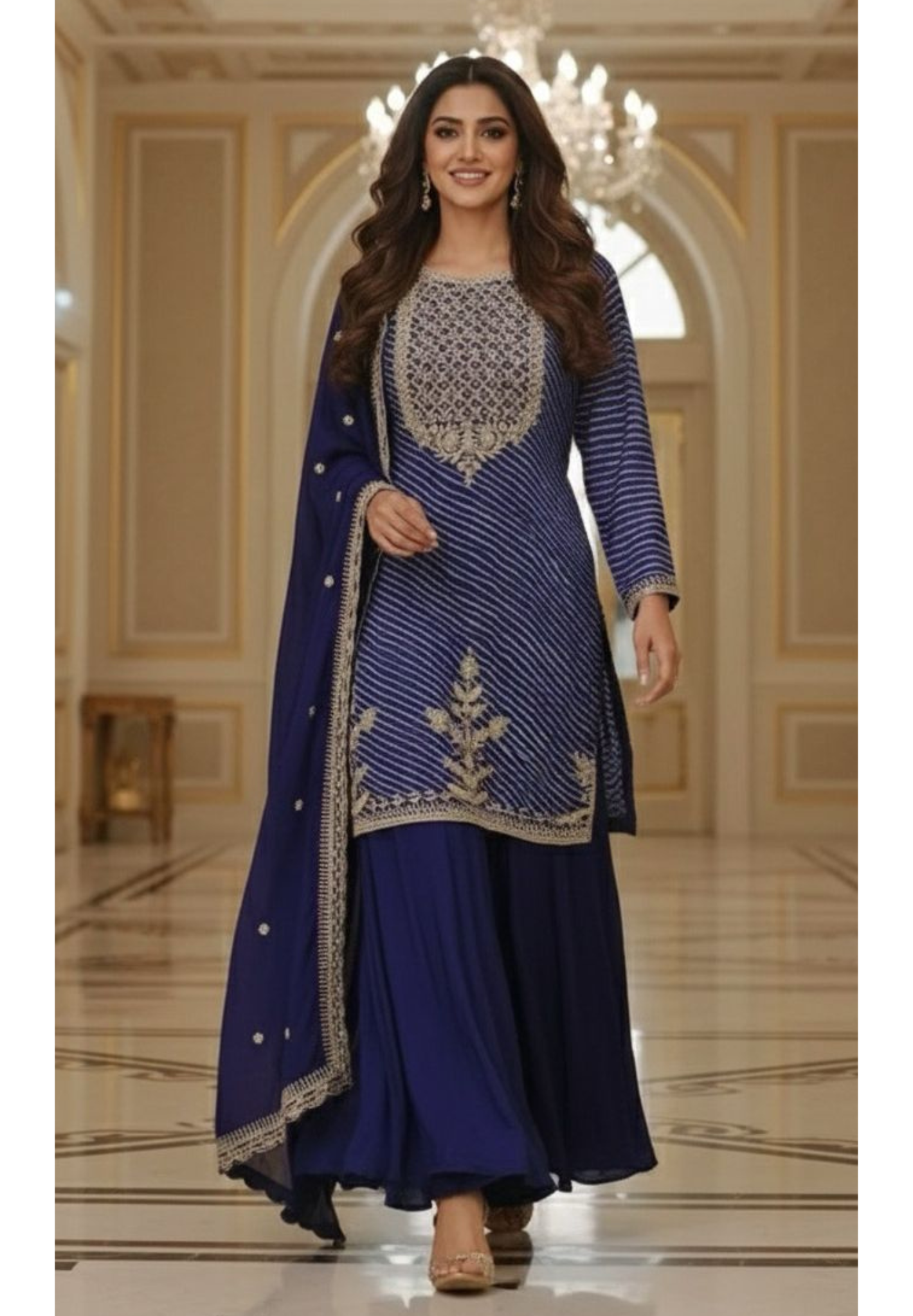 Elegant Chinon Lehariya Kurta with Cutdana Embroidery, Sharara, and Dupatta – A Perfect Blend of Tradition and Glamour for Festive OccasionsFull Set DRY WASH-