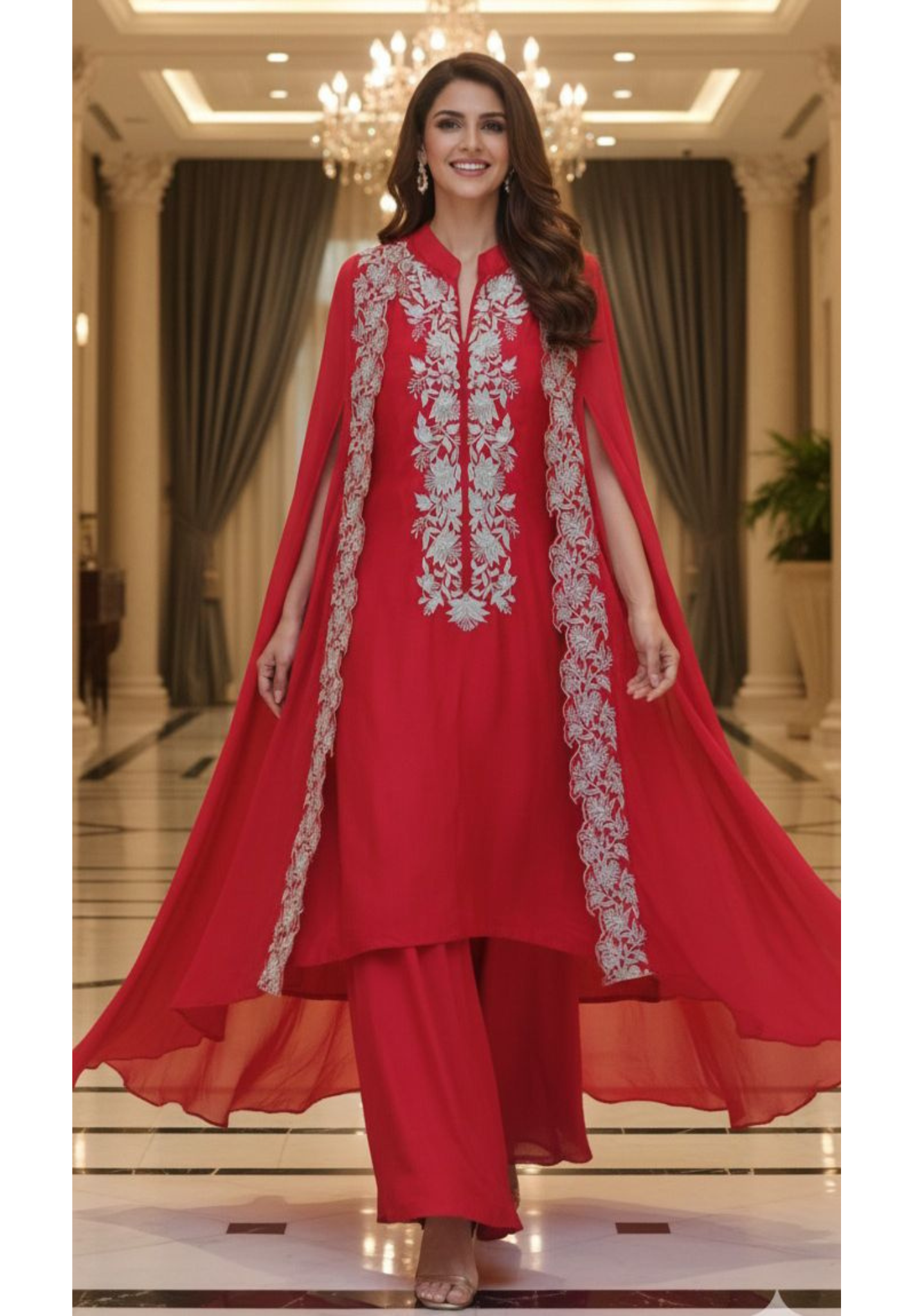 Festive Fusion Set Indo-Western Red Embroidered  Shrug with Embroidered Inner & Matching Bottom