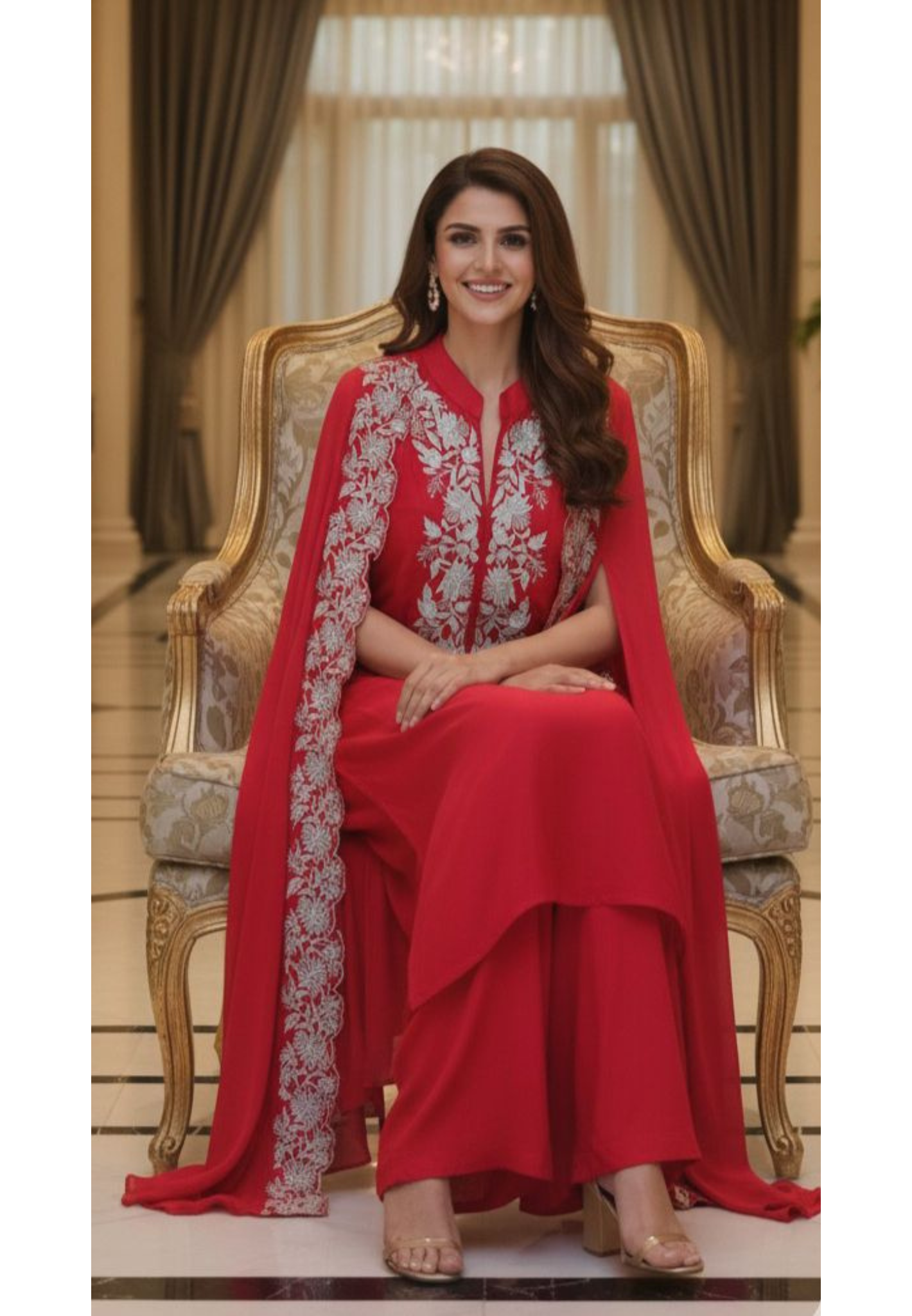 Festive Fusion Set Indo-Western Red Embroidered  Shrug with Embroidered Inner & Matching Bottom