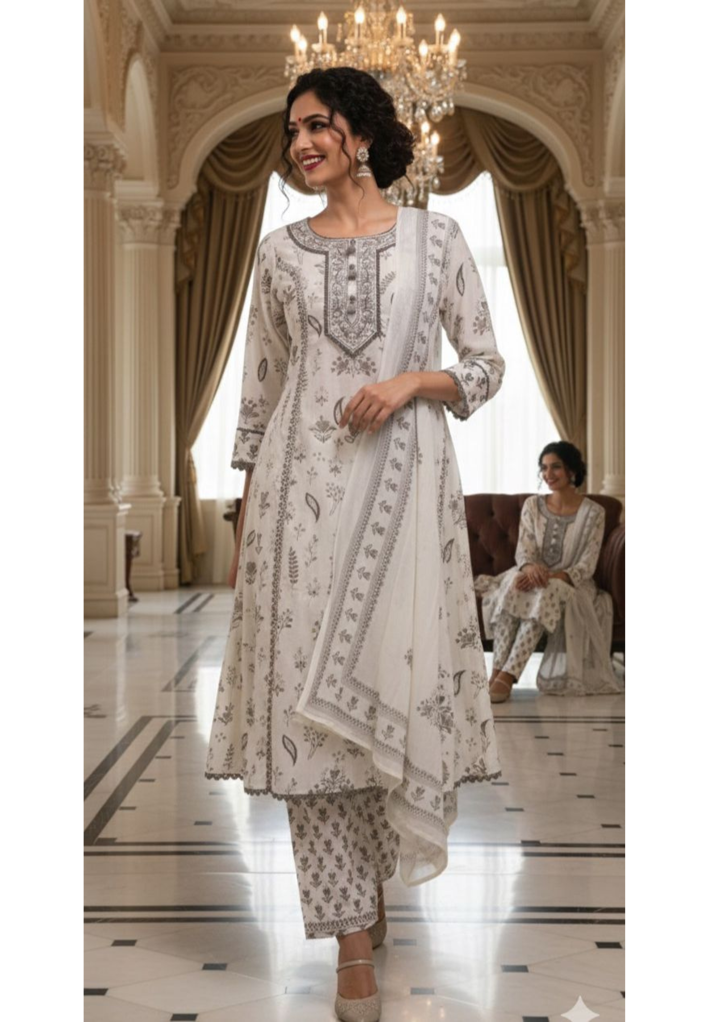 Beautiful Neckline Soft Look Floral A-Line Full Suit Set With Dupatta In Cotton Fabric- 10412