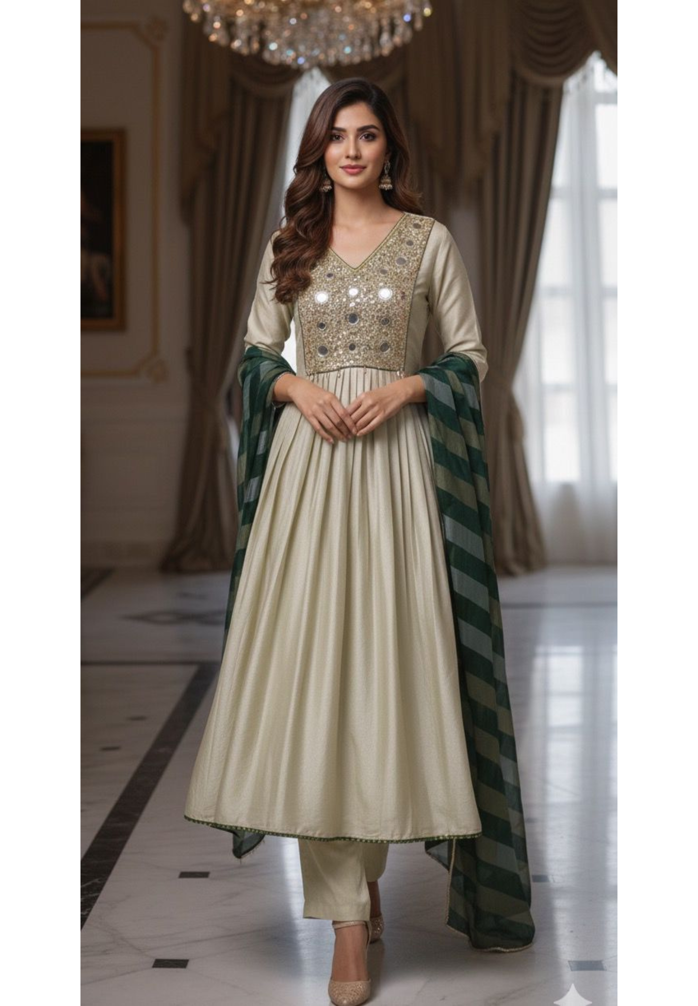 Rajasthani Look Mirror Sequin Front Yoke A-Line Full Suit Set With Striped Dupatta In Tissue Fabric-12619