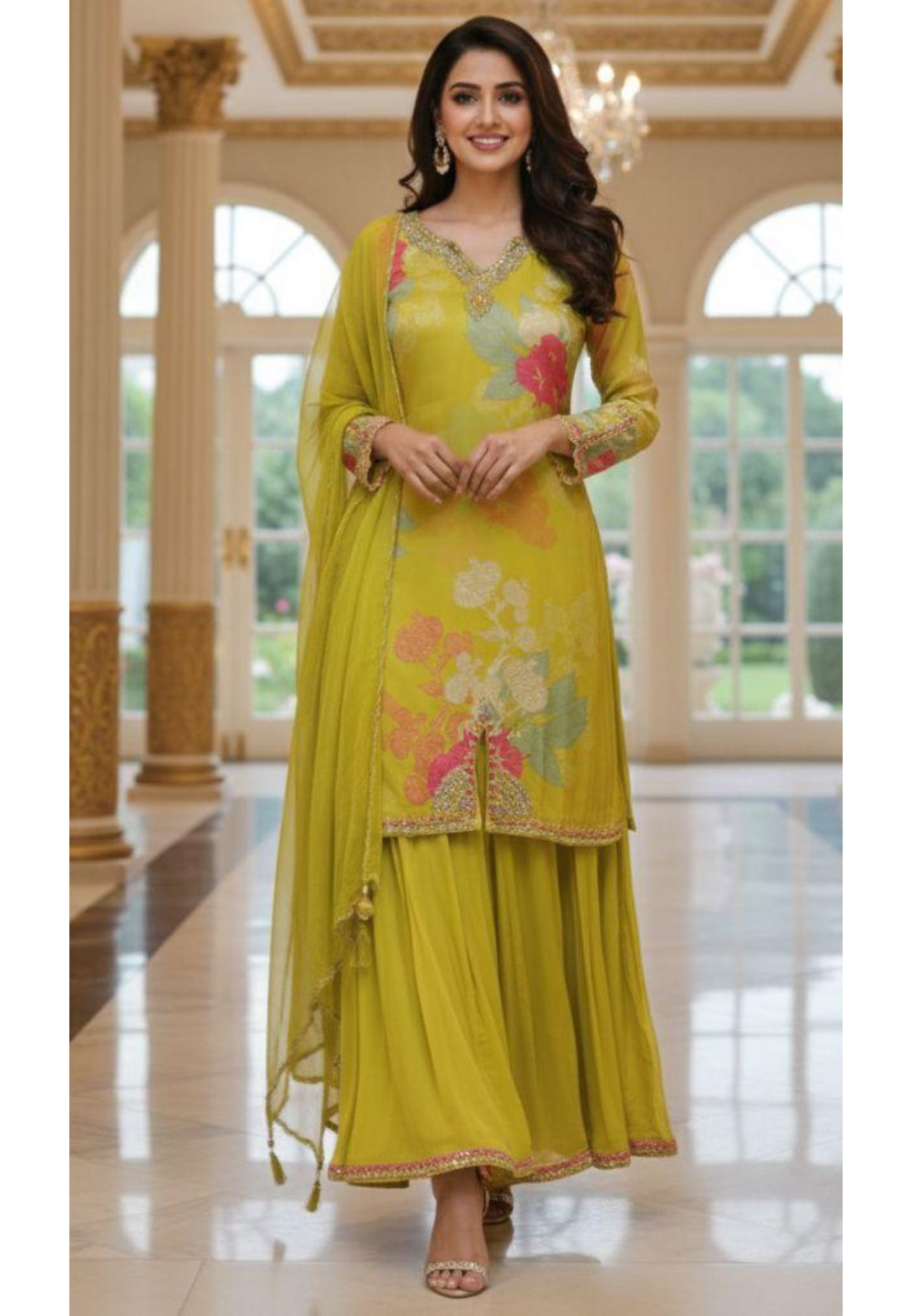 Chinon Fabric Partywear Kurta Loose Palazzo Ensemble with Full Floral Print,Real Mirror Handwork, and Embellished Dupatta-12581