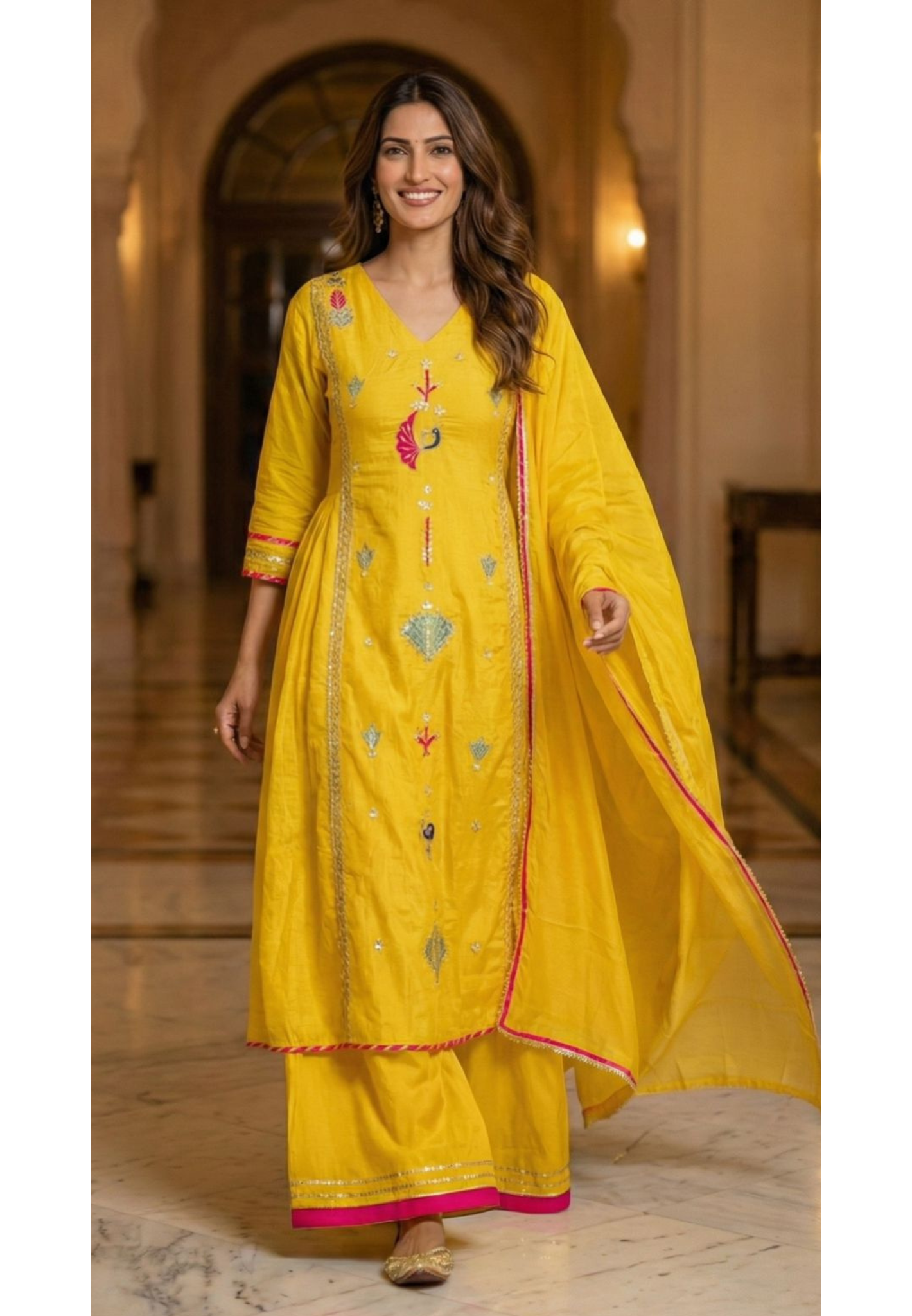 Surat Mul Chanderi Embroidered Anarkali Kurta With Loose Georgette Bottom Set with Festive Motifs, Delicate Sleeve Work & Bright Contrast Dupatta Finish