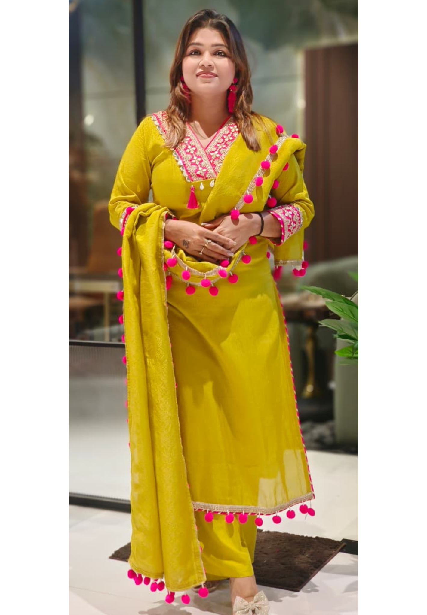 Designer Tissue Fabric Kurti With Rich Thread Embroidery, Mirror Lace Neck Design & Pom-Pom Hemline-12648