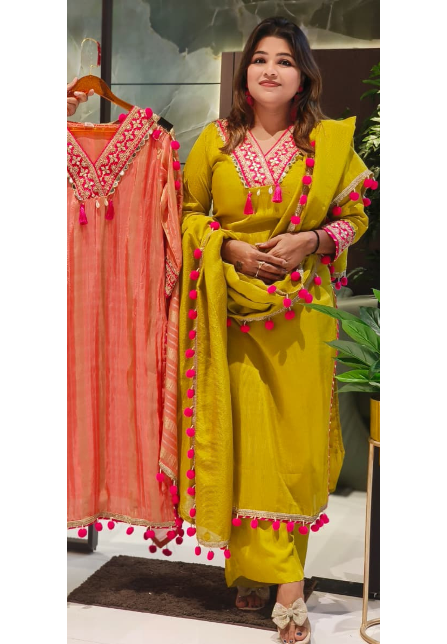 Designer Tissue Fabric Kurti With Rich Thread Embroidery, Mirror Lace Neck Design & Pom-Pom Hemline-12648