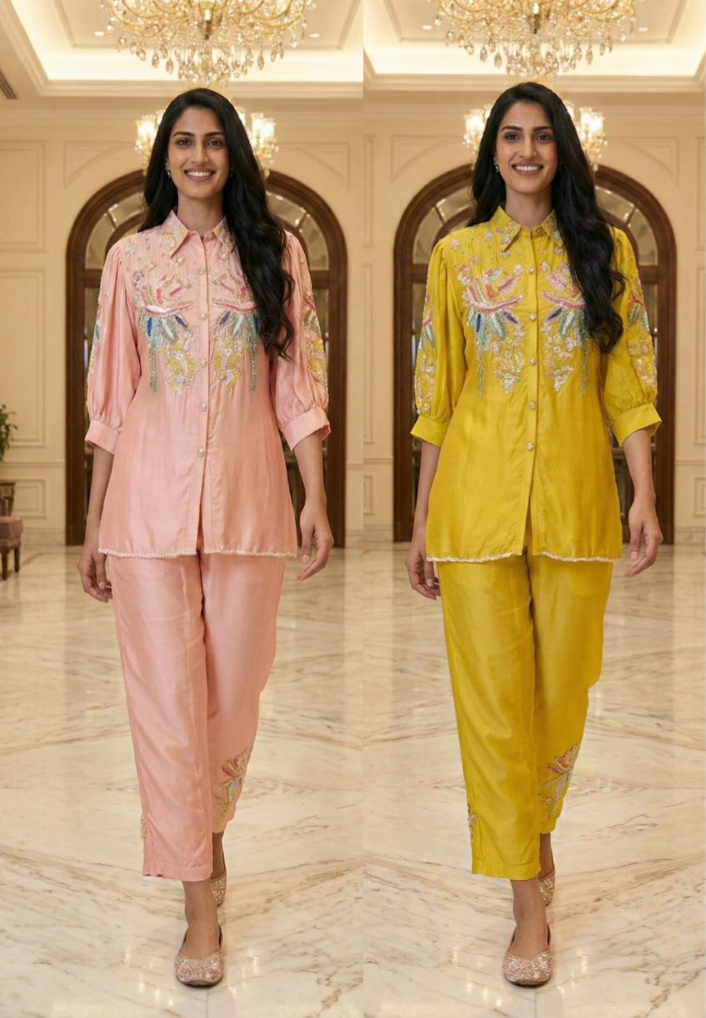 Colorful Sequin Buttoned & Collared Balloon Sleeve Co-Ord Set-12680