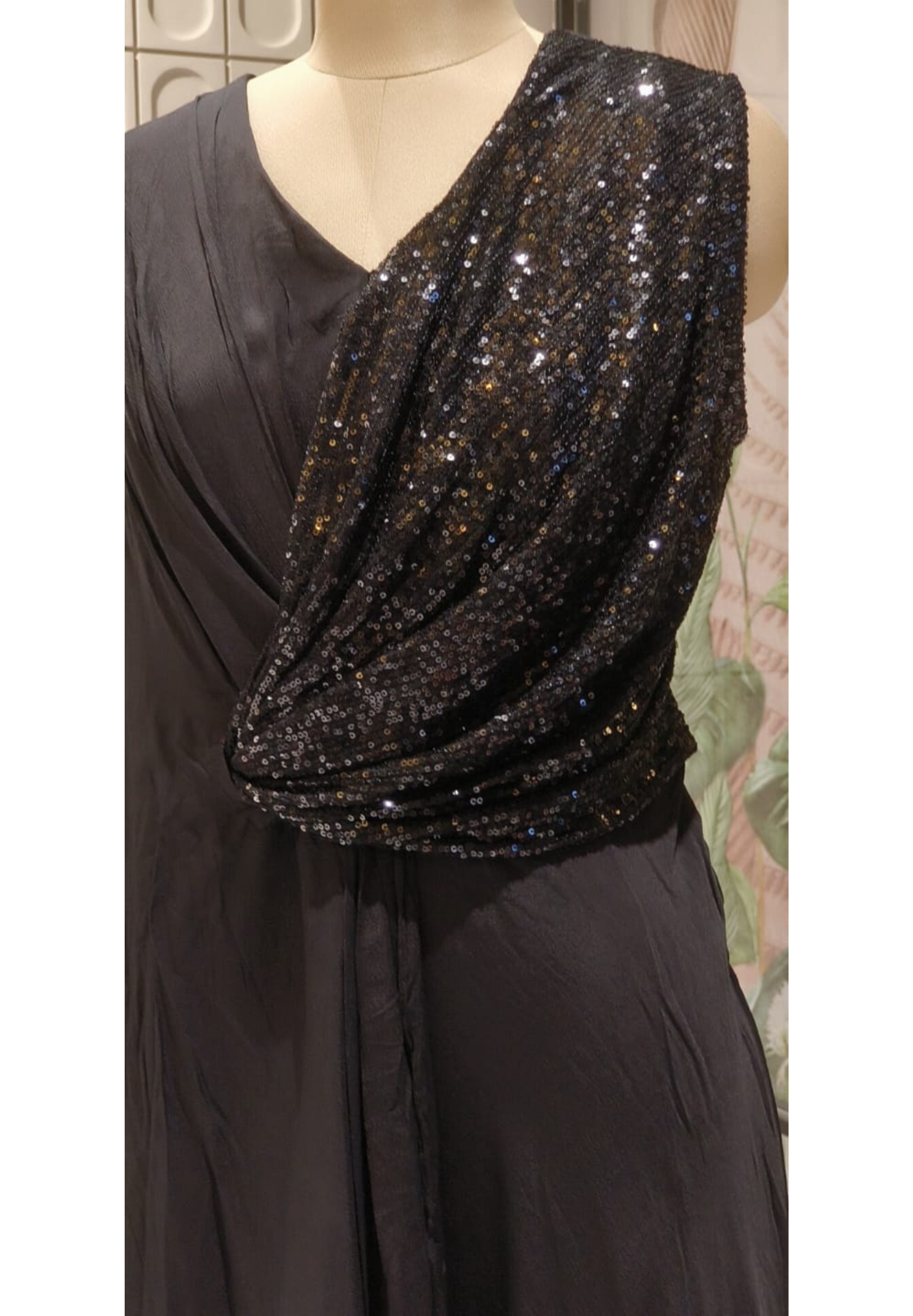 Cowl Style Sequin Ruffled Double Layer Solid Gown In Chinon Fabric (Separate Sleeve Inside)- 12413