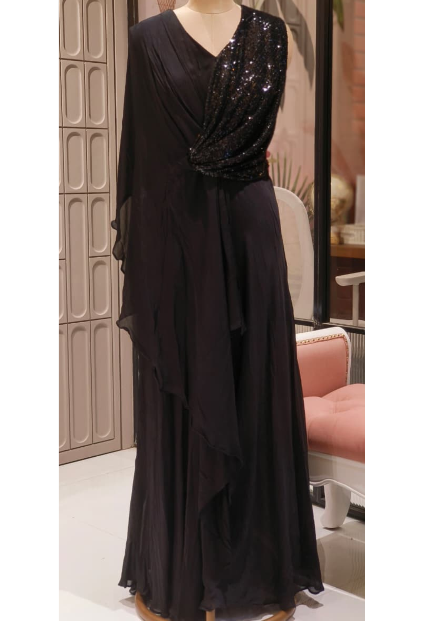 Cowl Style Sequin Ruffled Double Layer Solid Gown In Chinon Fabric (Separate Sleeve Inside)- 12413