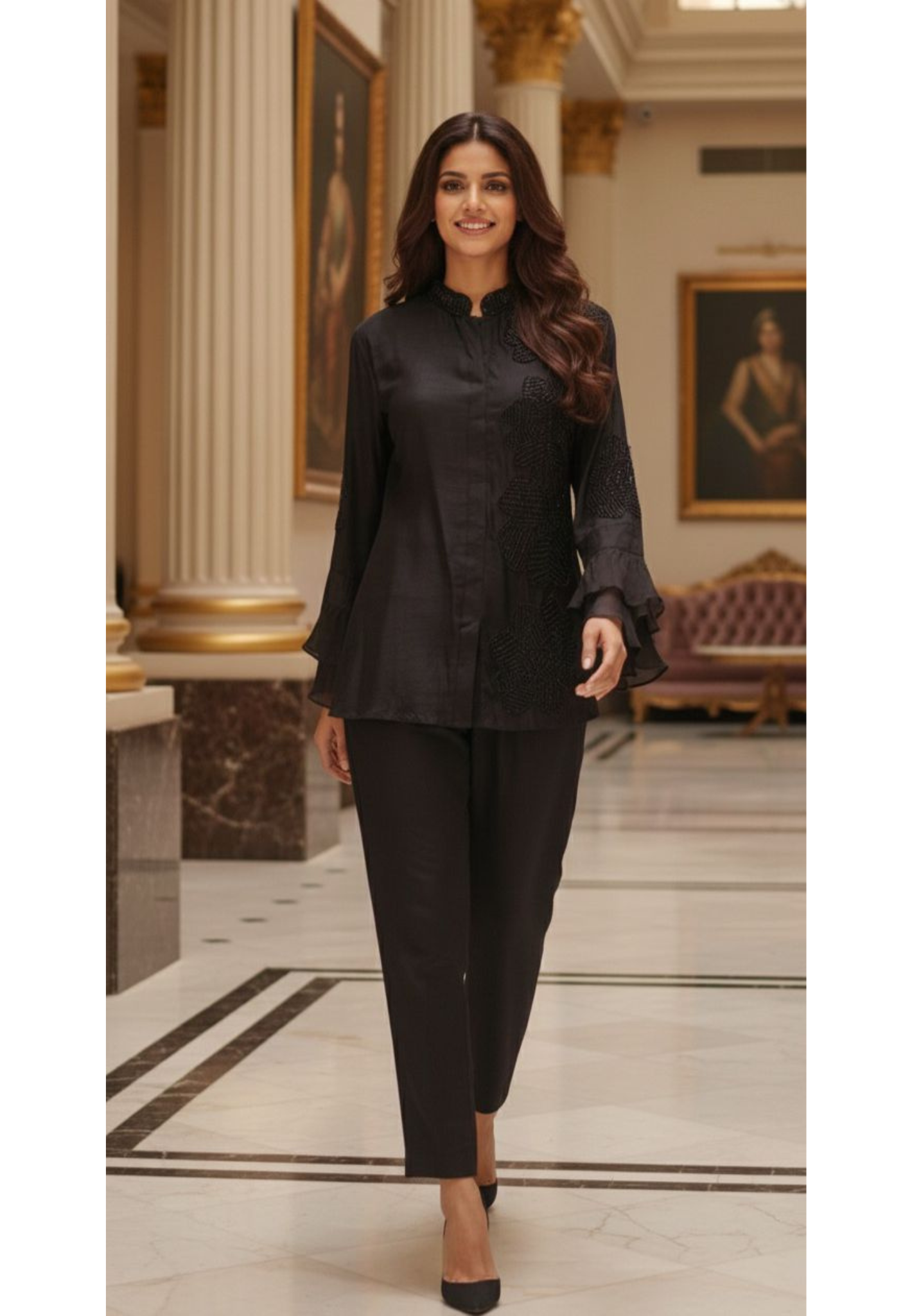 Complete Cut-Dana Floral Embroidery Mandarin Collar Ruffled Sleeve Solid Co-Ord Set- 12396