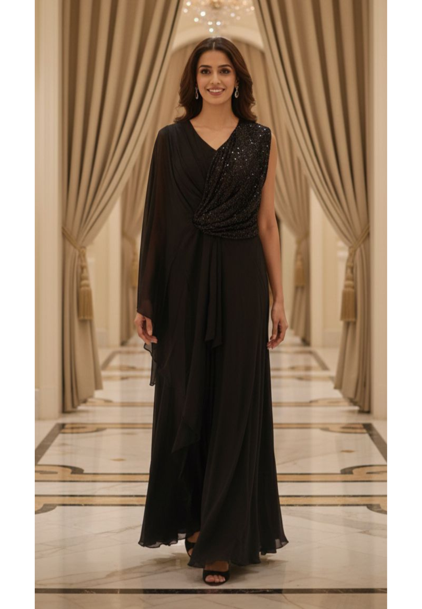 Cowl Style Sequin Ruffled Double Layer Solid Gown In Chinon Fabric (Separate Sleeve Inside)- 12413