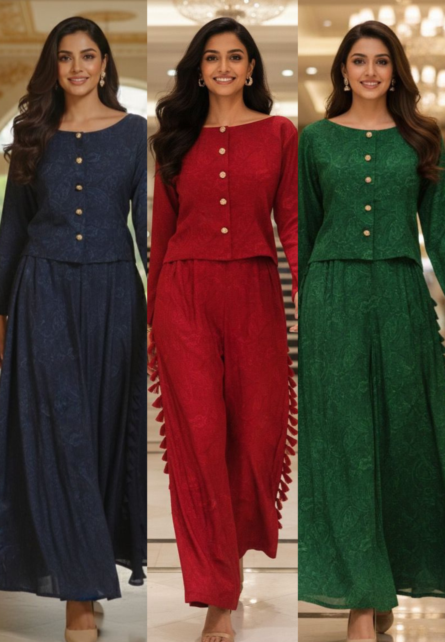 Premium Silk Solid Self Print Beautiful Buttoned Top With Thread Side Tasseled Loose Bottom-12425