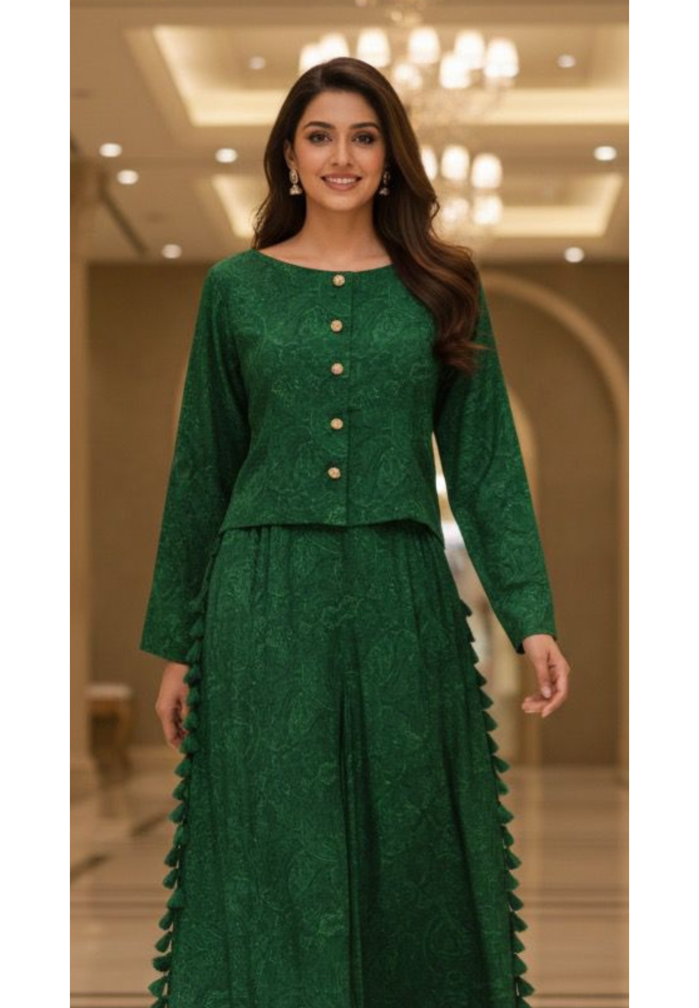 Premium Silk Solid Self Print Beautiful Buttoned Top With Thread Side Tasseled Loose Bottom-12425