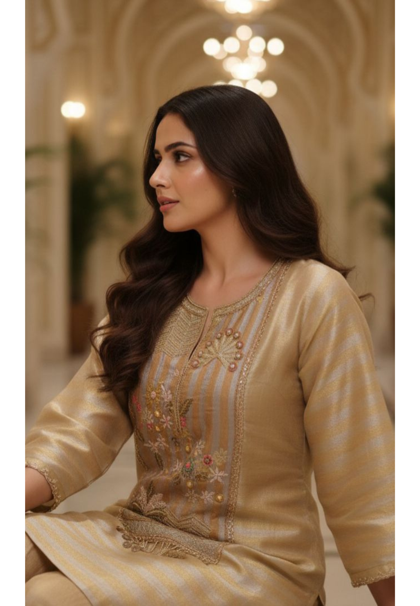 Luxe Premium Tissue Fabric Hand Worked Tasseled Striped Golden Kurta With Loose Bottom- 12384