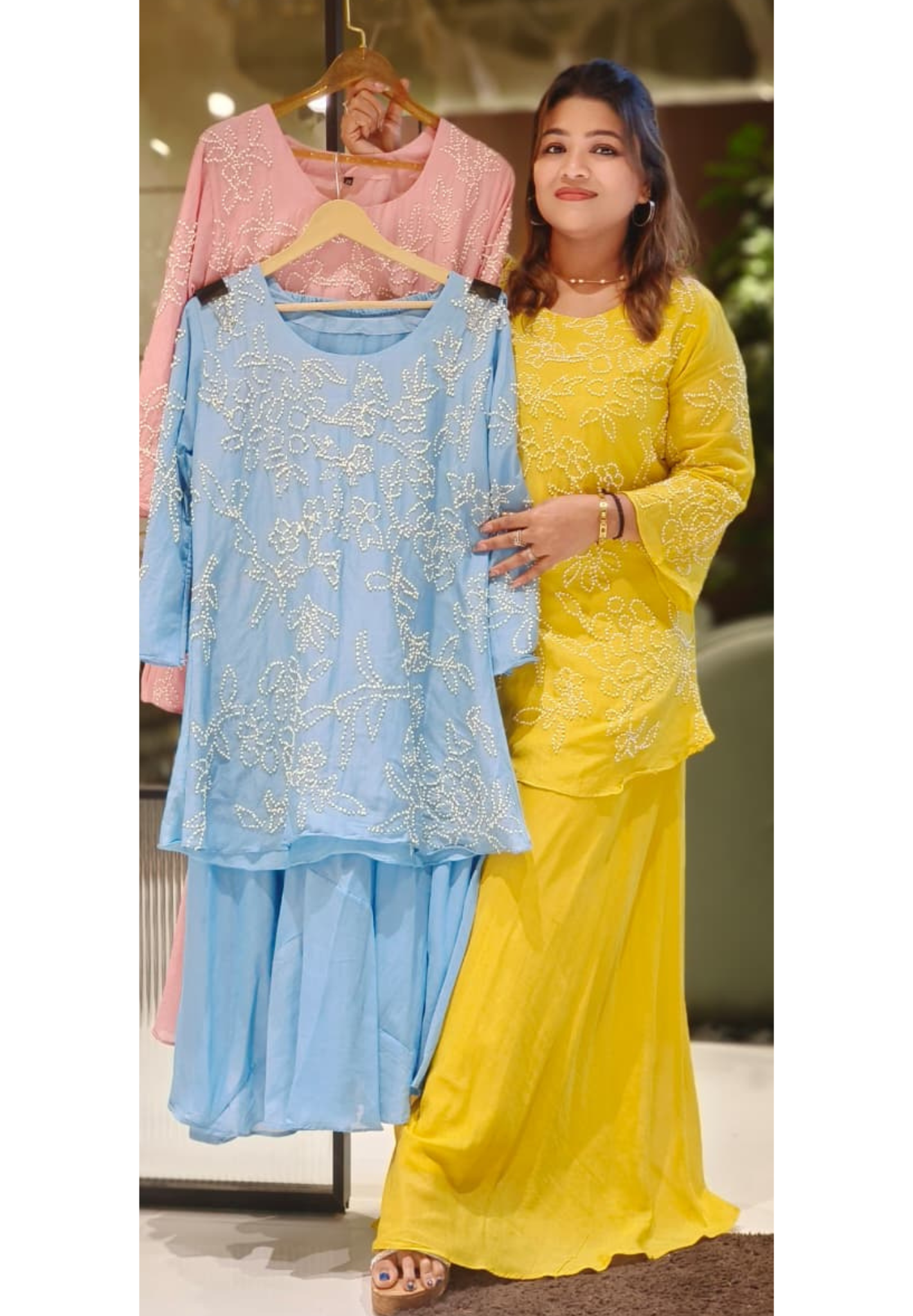 Elegant  MulCotton Kurti With All-Over Hand-Style White Embroidery Paired With Flowing Loose Palazzo pant-12717,12719,12719