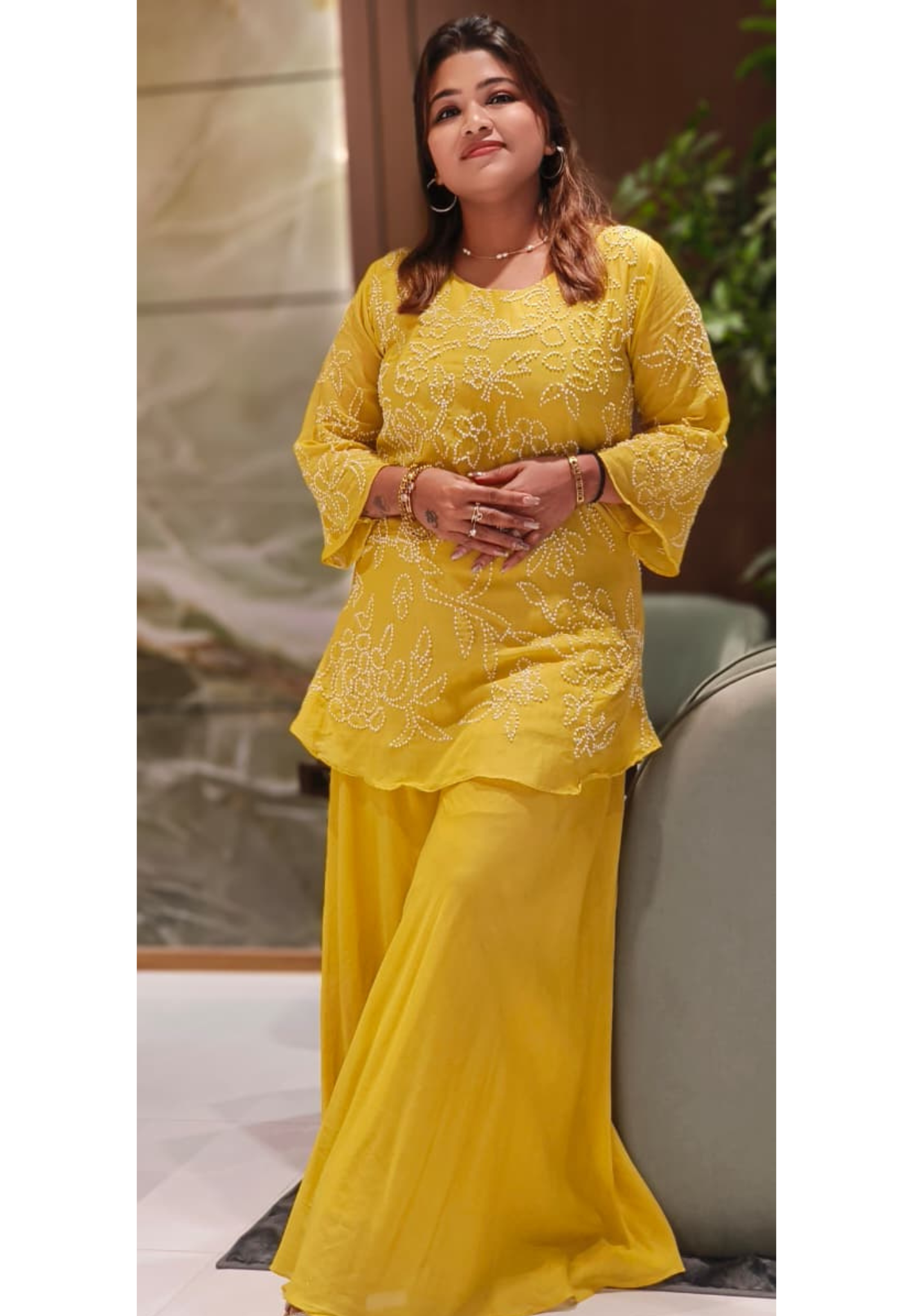 Elegant  MulCotton Kurti With All-Over Hand-Style White Embroidery Paired With Flowing Loose Palazzo pant-12717,12719,12719