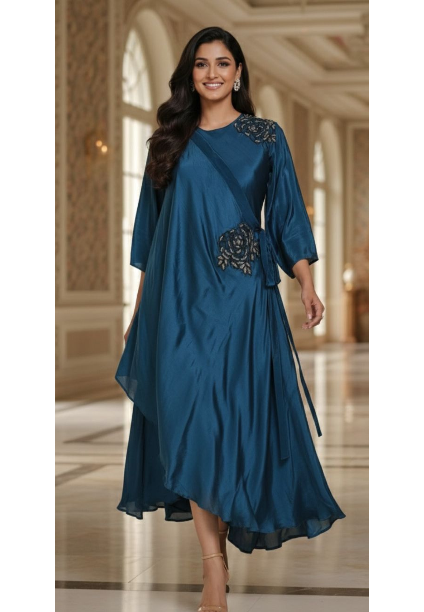 Elite Navy Blue Embellished Crepe Indo Western Dress With Draped Layer and Detailed Floral Work