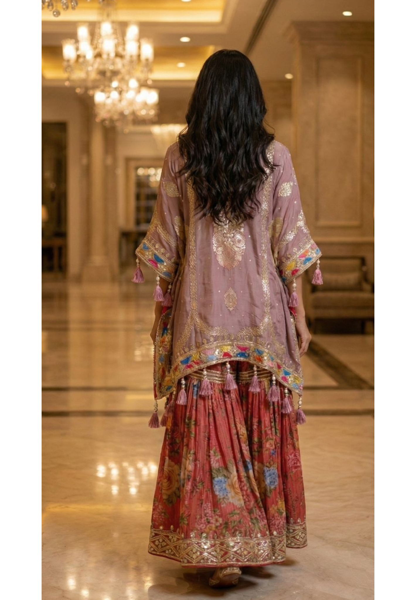 Multicolor Gotta Work Golden Brocade Embellishment Heavily Tasseled Kaftan With Floral Printed Gotta Lace Work Sharara Flared Bottom & Matching Bottom Potli- 12494, 12495