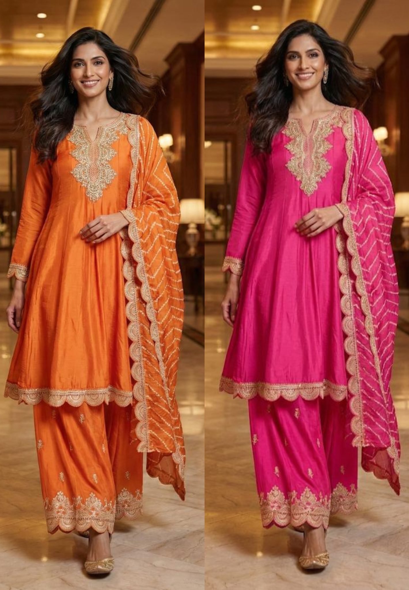 Luxury Dola Silk Peplum Style Suit Set With Intricate Golden Thread Embroidery & Scallop Dupatta-12579,12578