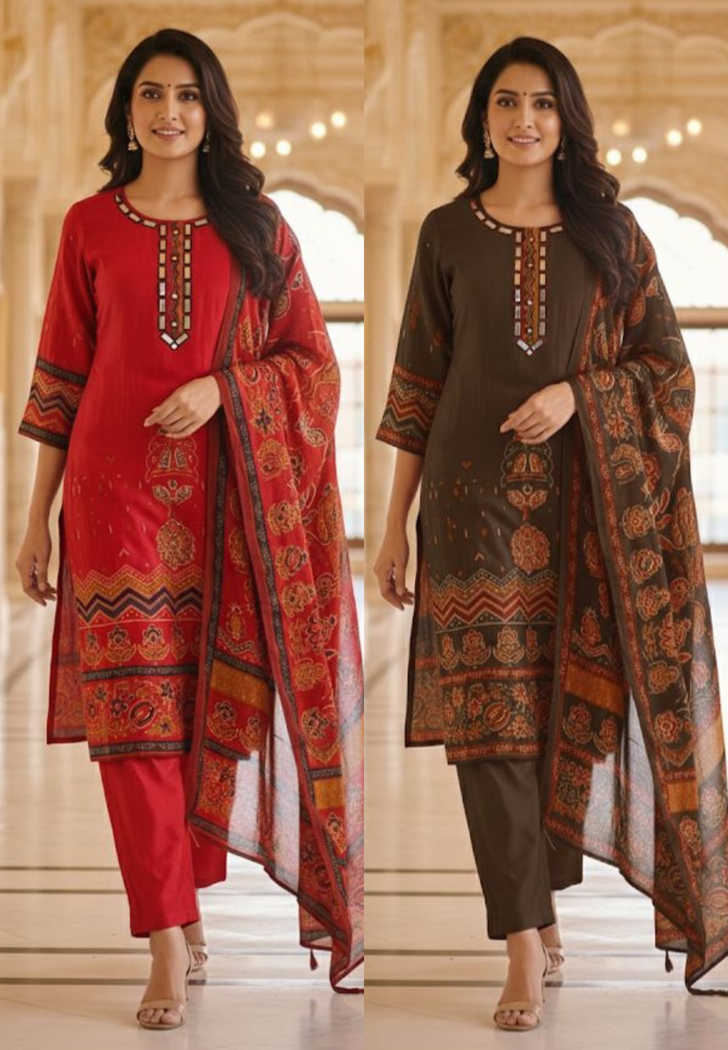 Premium Crepe Printed Suit Set With Real Mirror-Work Neckline, Designer Sleeves & Matching Dupatta-12810,12808