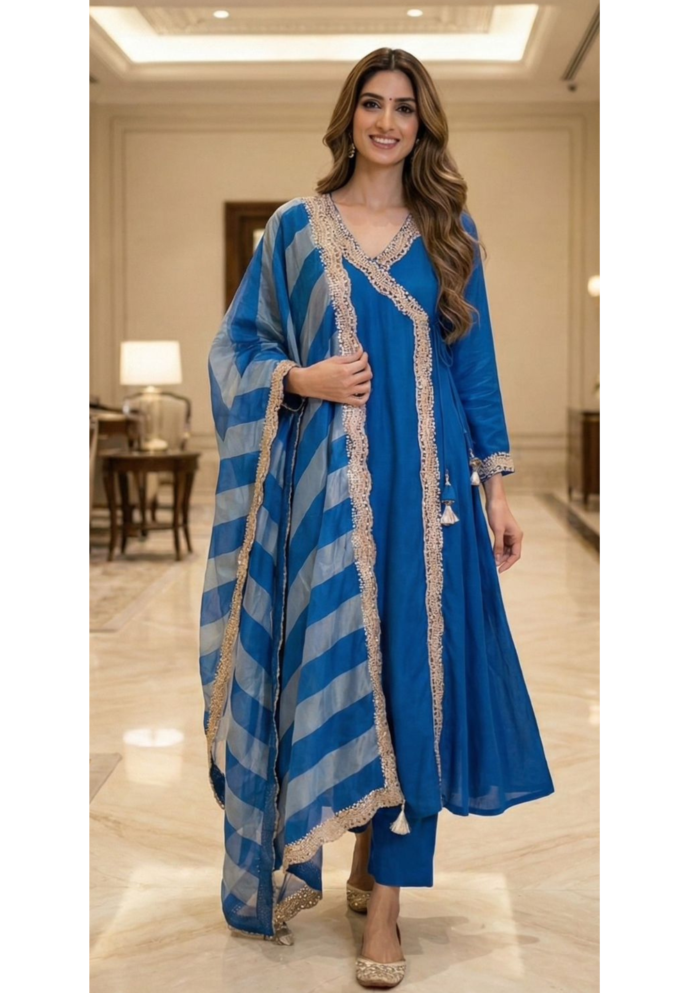 Elegant Dola Silk Angrakha-Style Anarkali With Intricate Cut-Dana Embellished Borders and Coordinated Dupatta-12753