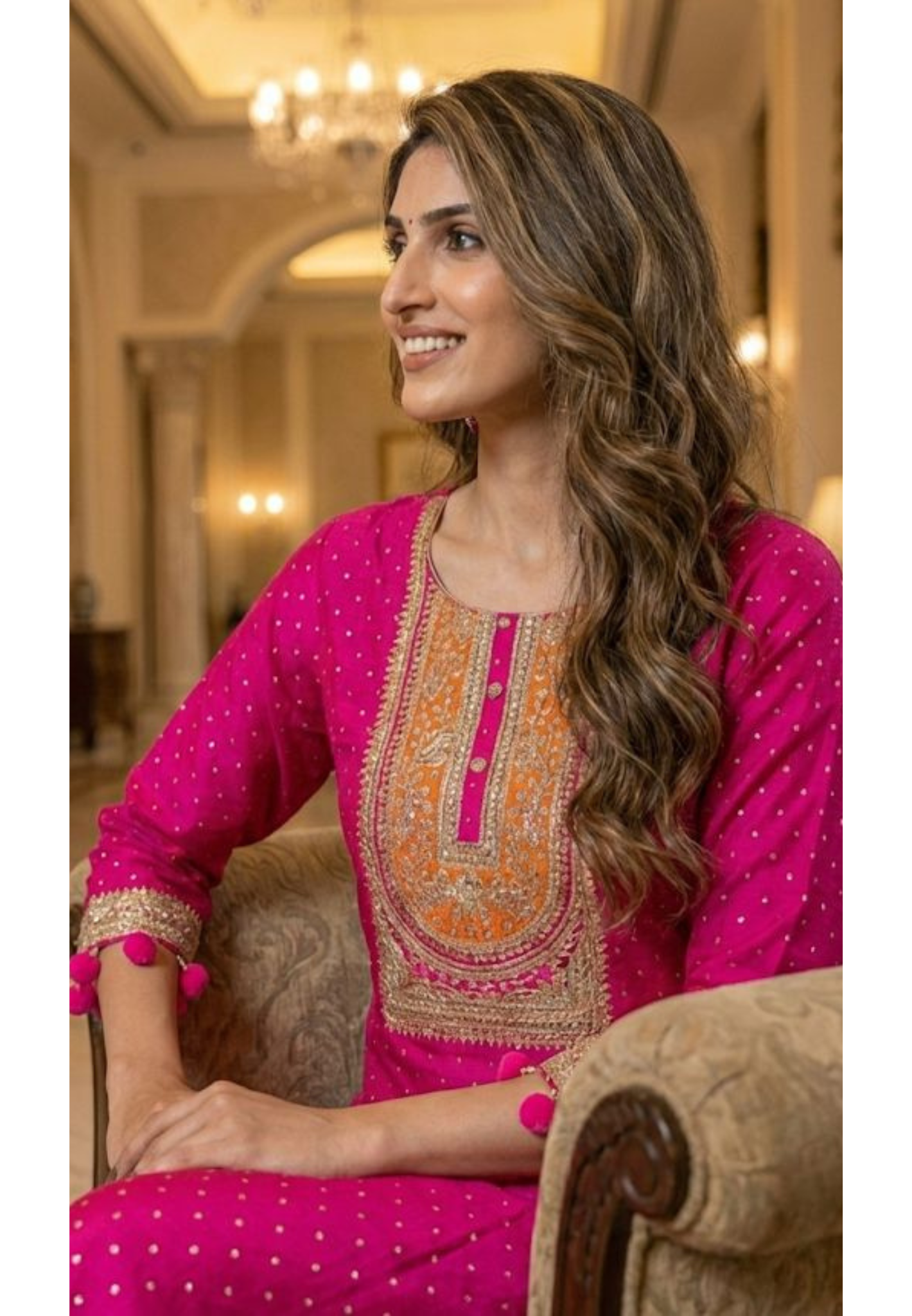 Dola Silk Embroidered Kurta Set with Heavy Zari & Thread Work Yoke, Matching Pants, and Pom-Pom Detailed Dupatta-12706,12705