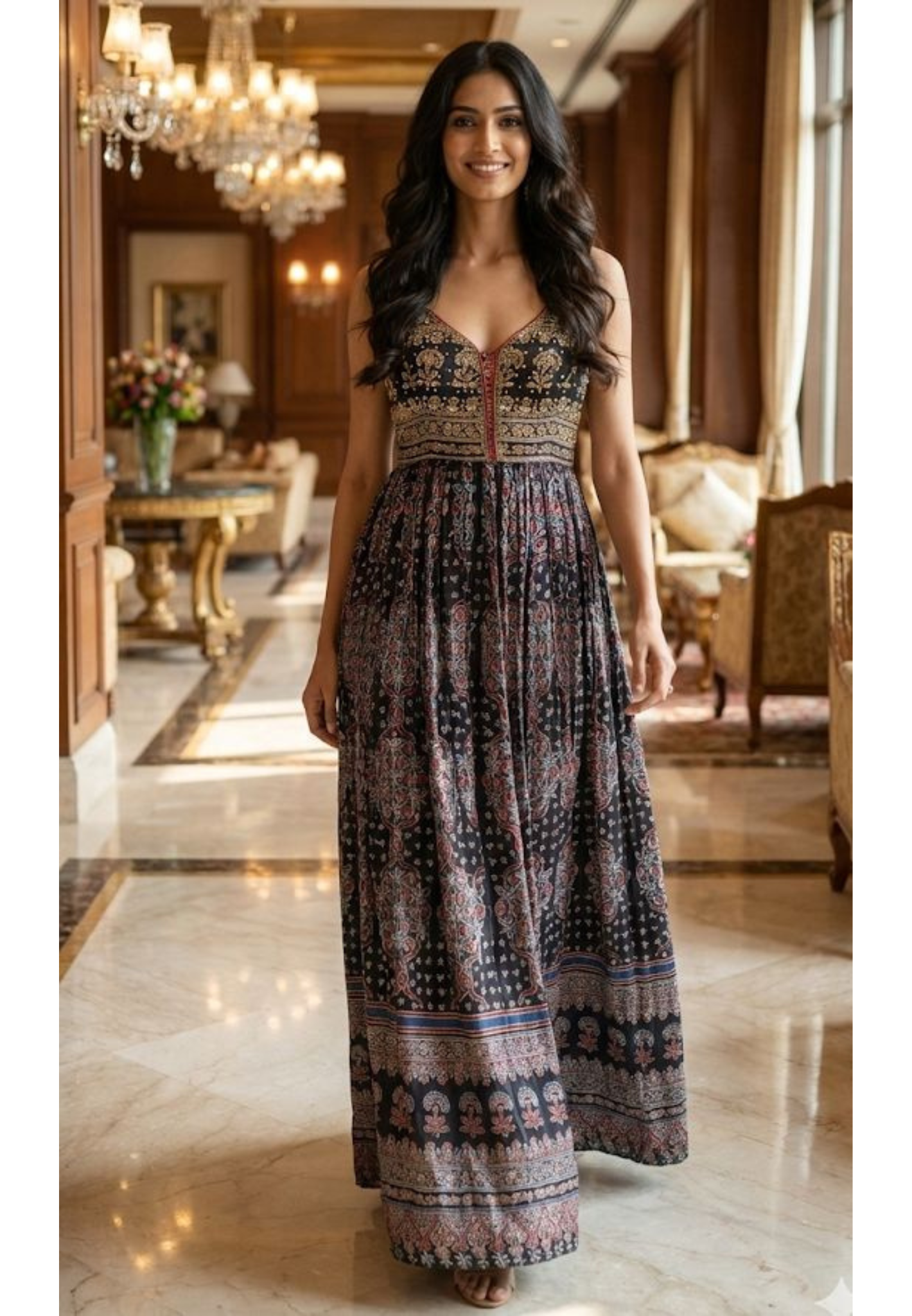 Beautiful Neckline Ajrak Print Tiny Foil Upwork Flared Sleeveless Gown With Detachable Jacket & Scarf- 12760