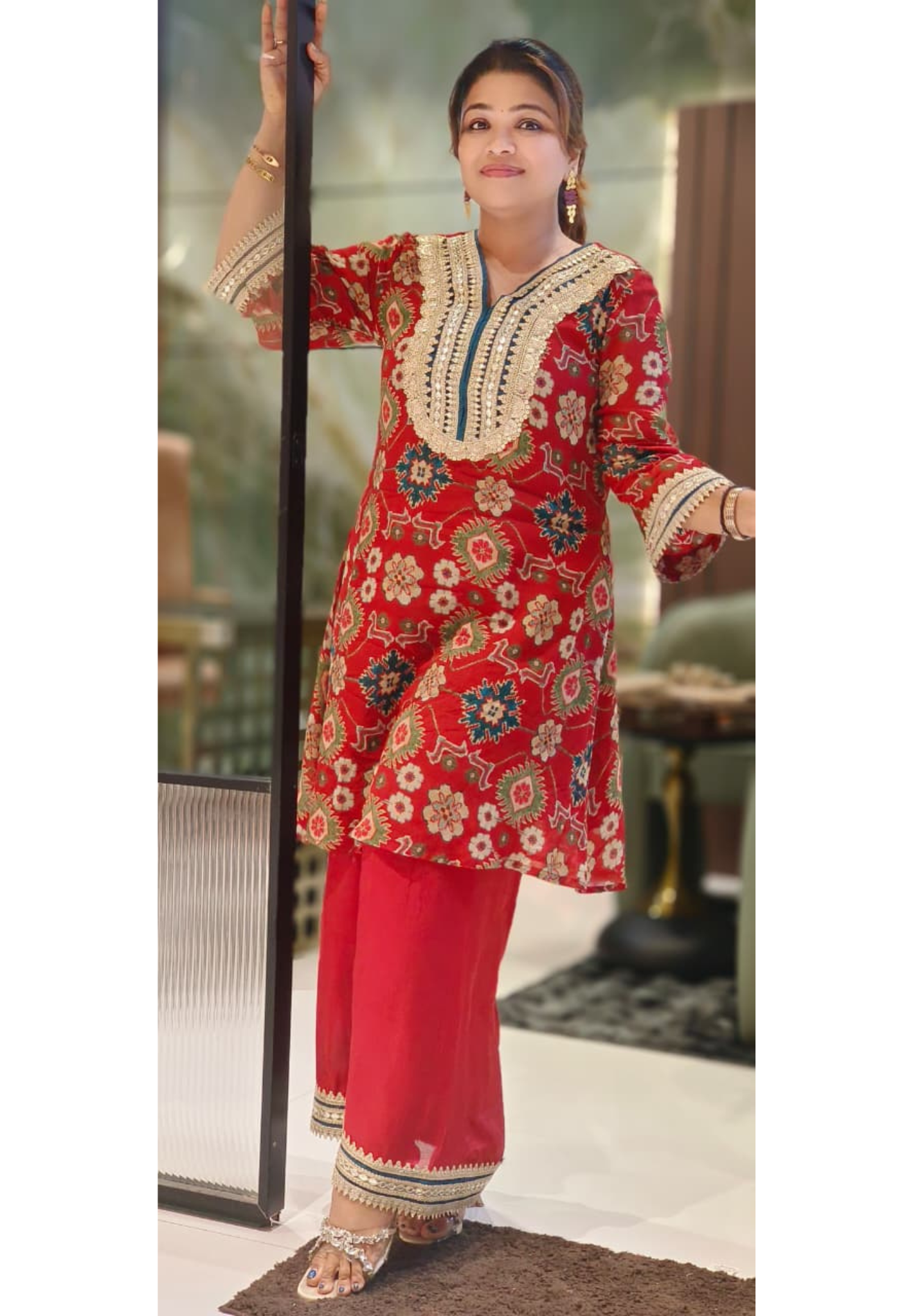 Maroon Printed Georgette Kurta Set with Heavy Sequins & Cut-Dana Embroidered V-Neck and Contrast Border Detailing-12806