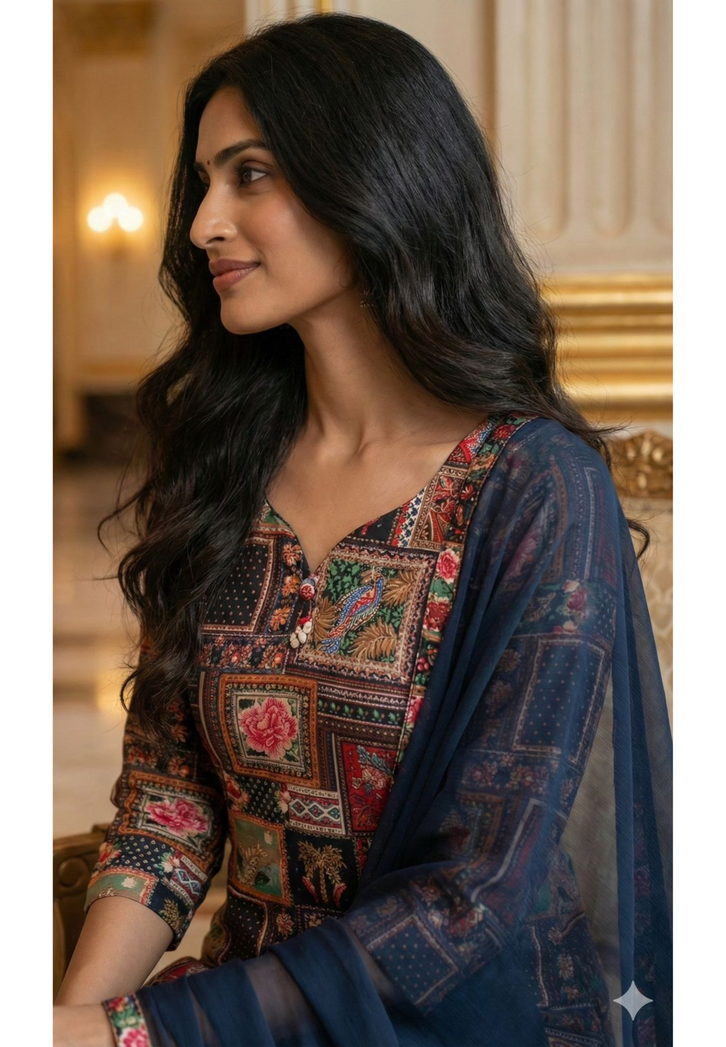 Elegant Multi-Color Bird Printed Katha Stich Full Suit Set with Solid Dupatta-12638