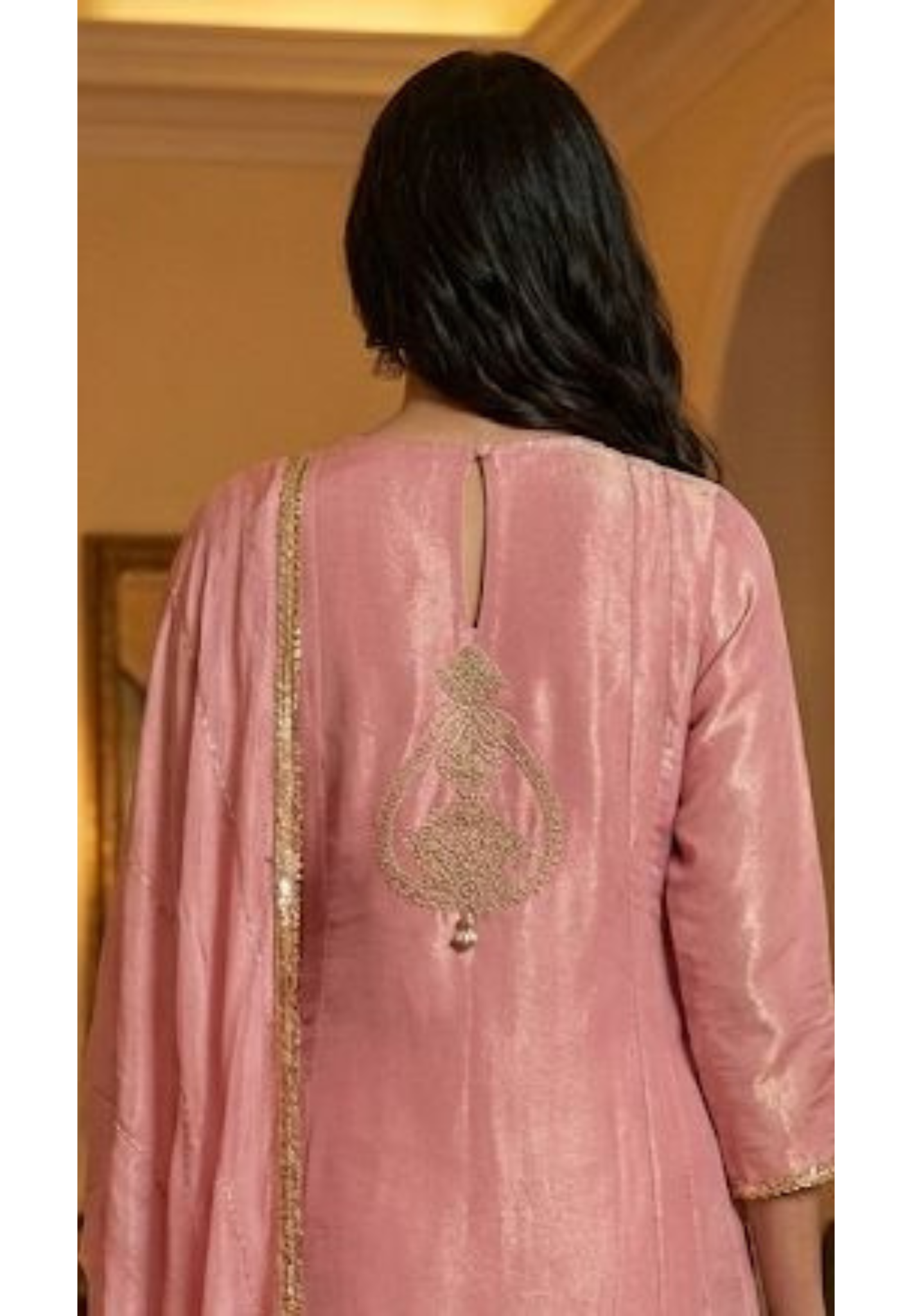 Golden Zardosi Front Work With Tassel Panel A-Line Full Suit Set Wih Dupatta In Tissue Fabric- 12547,12821