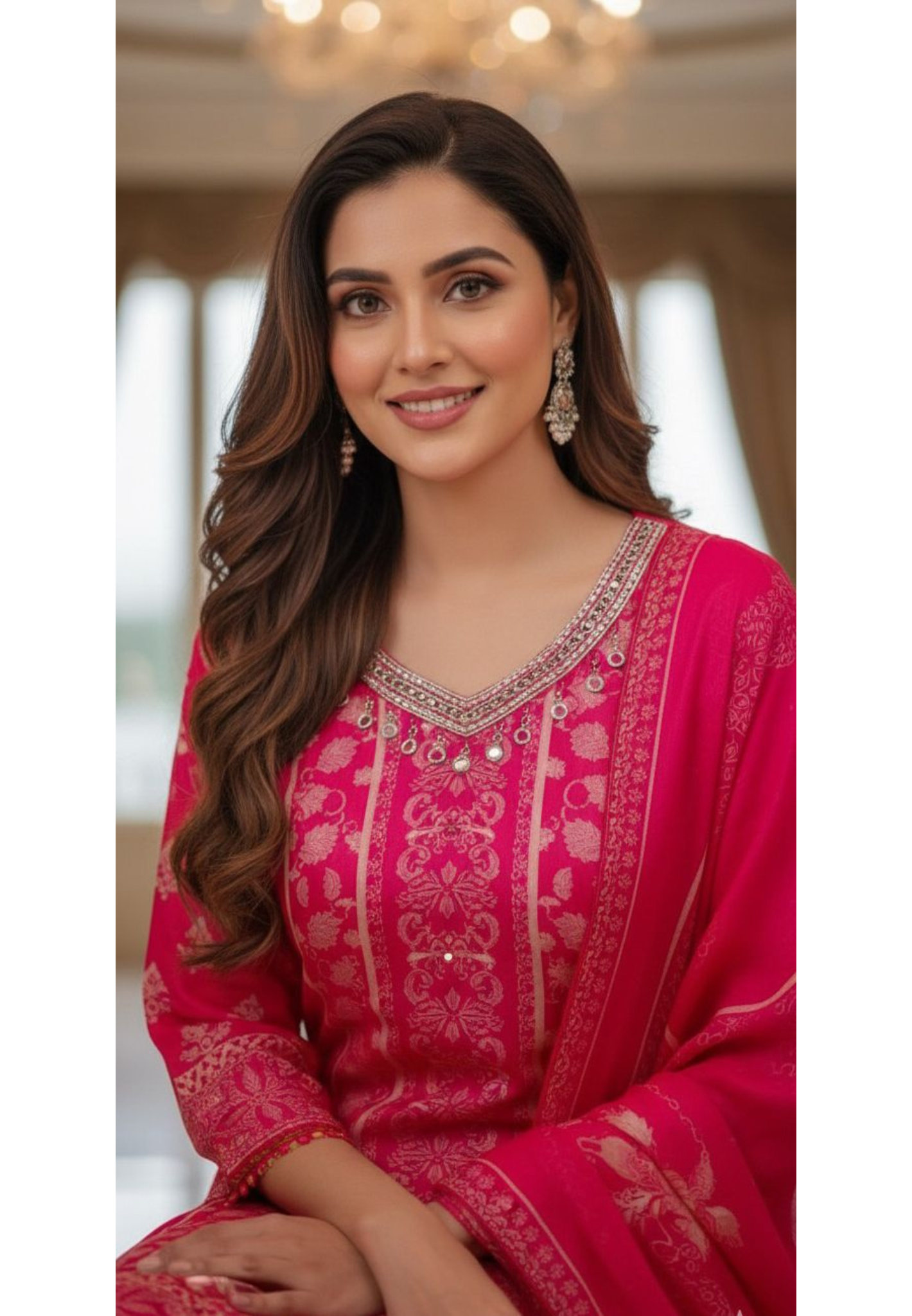 Vibrant Pink Floral Printed Suit Set with Embellished Neckline & Dupatta-12645