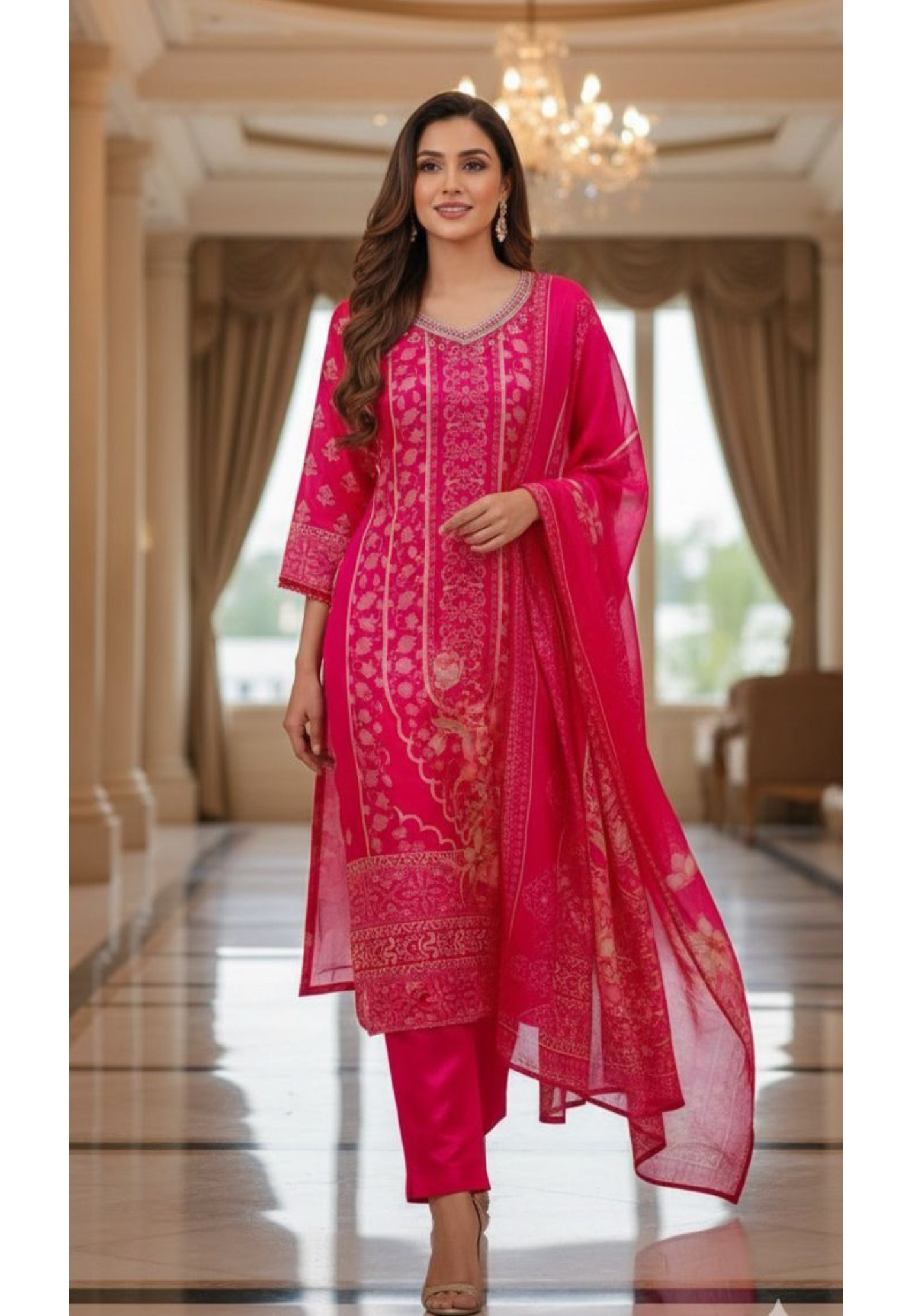 Vibrant Pink Floral Printed Suit Set with Embellished Neckline & Dupatta-12645