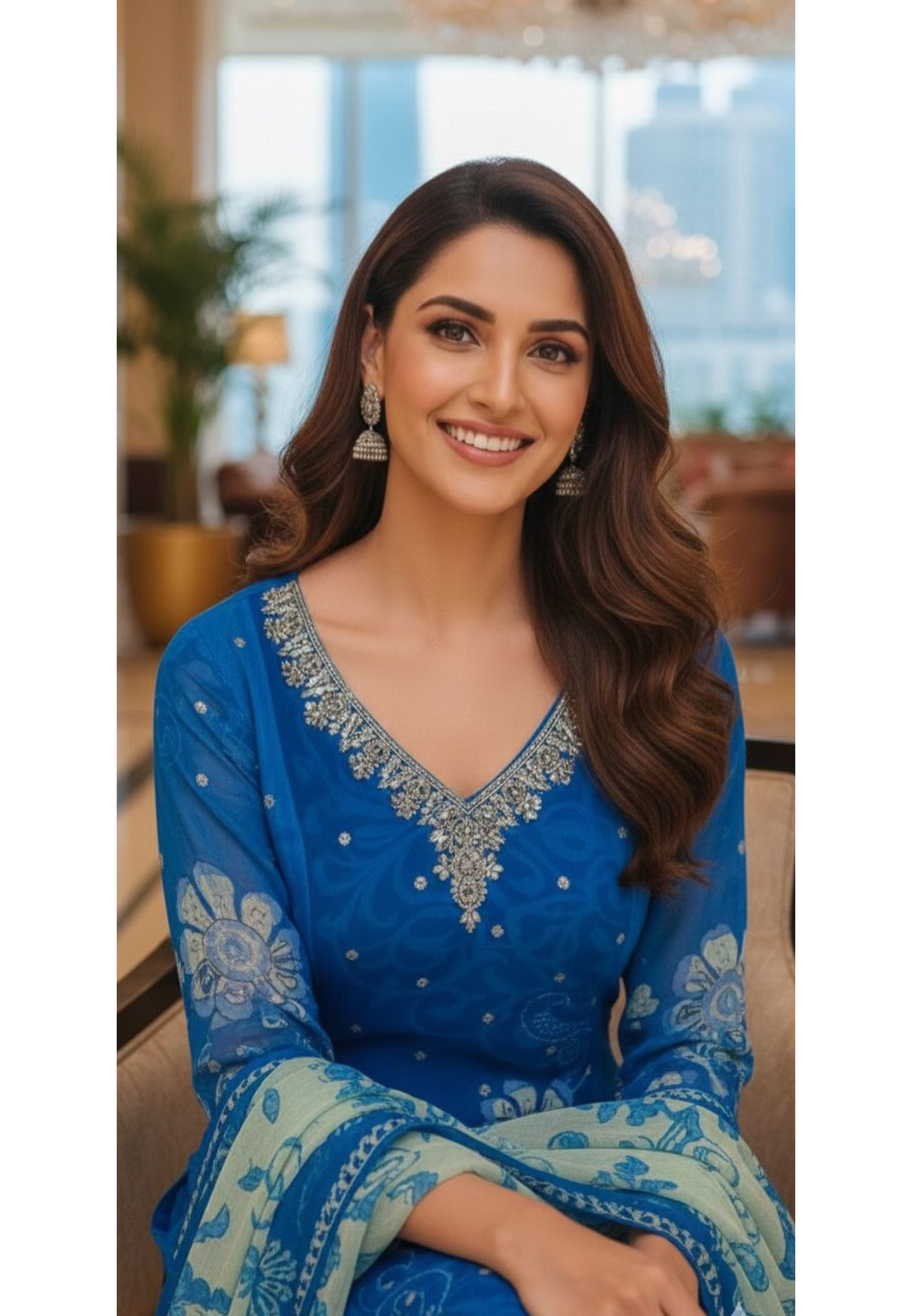 Royal Blue Floral & Paisley Printed Suit Set with Hand-Embellished Neckline and Contrast Printed Dupatta-12642