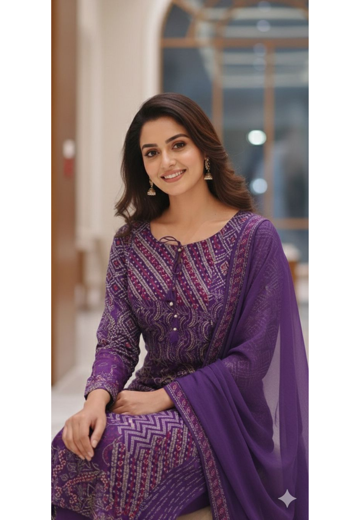 Classic Purple Ethnic Bandhej Printed Suit Set Featuring Mirror Accents & Soft Dupatta With Bottom-12635