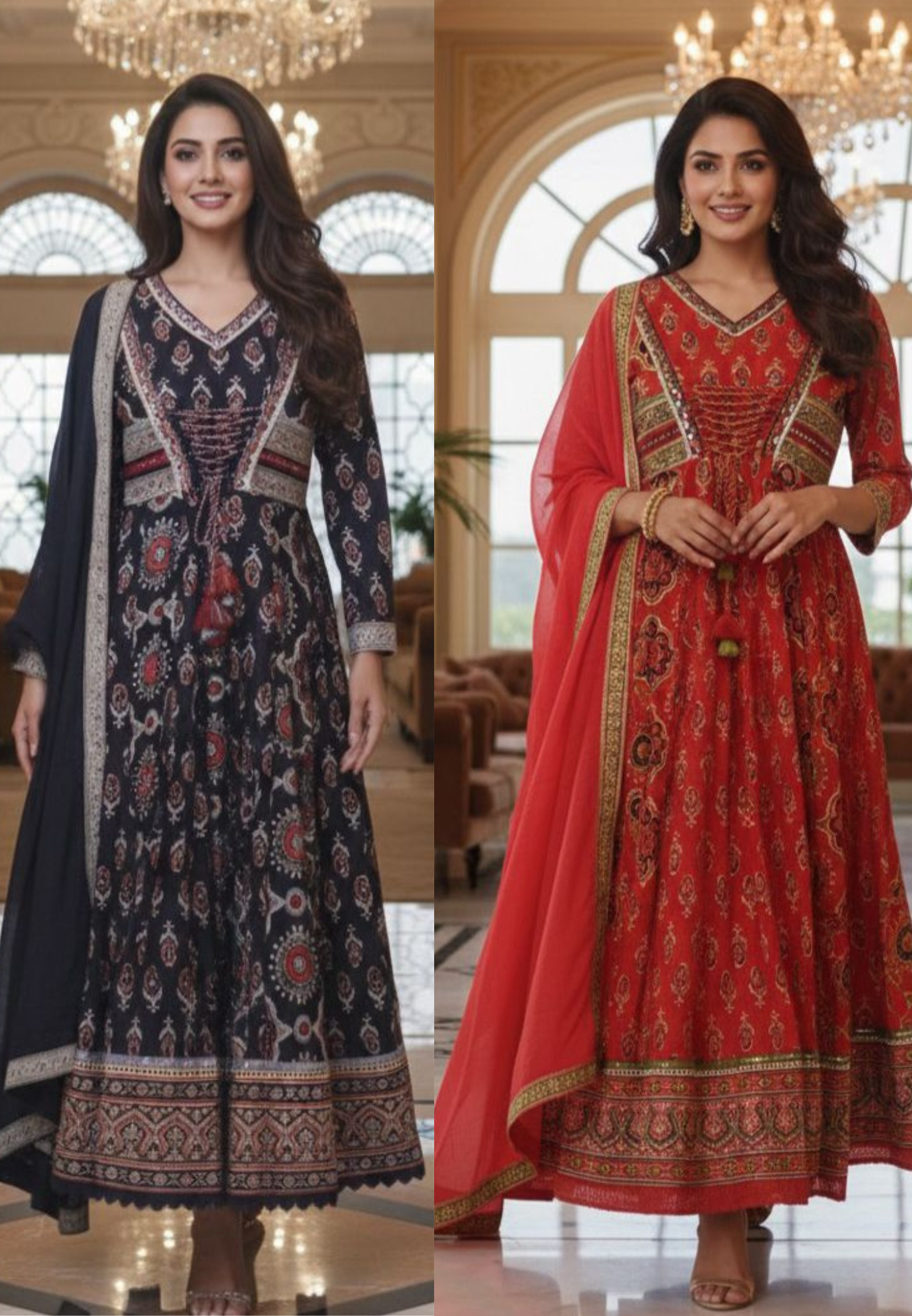 Pure Rajasthani Style Knotted Tassel Outer Look Flared Printed Anarkali Full Suit Set With Dupatta In Cotton Fabric- 12861, 12860