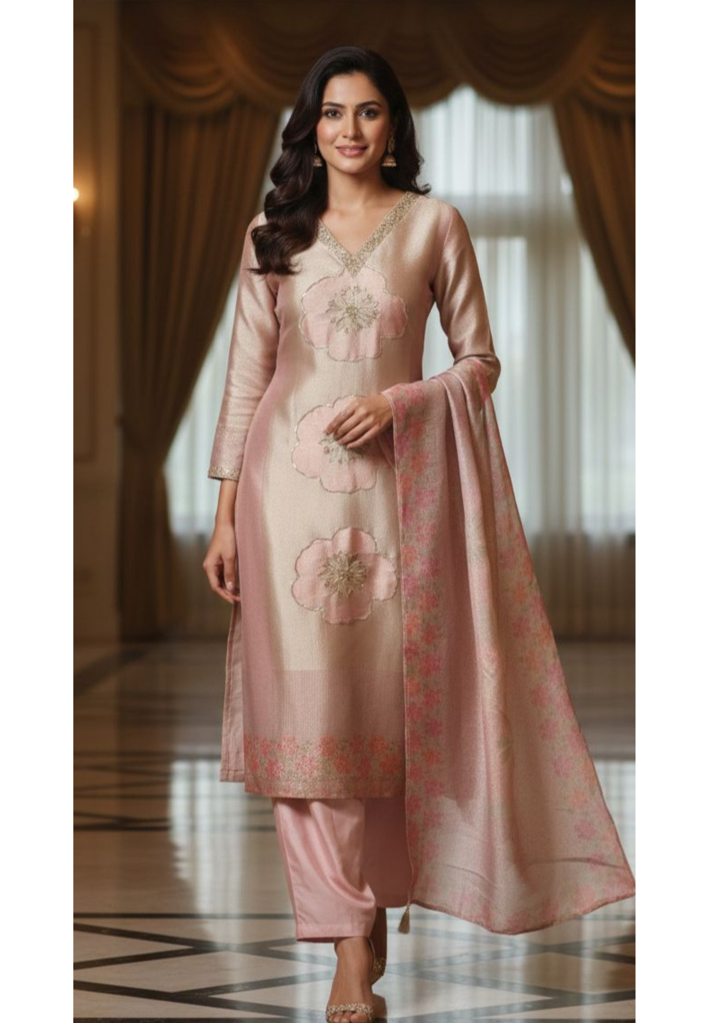Pastel Pink Pure Banarsi silk Suit Set with Hand-Embroidered 3D Floral Motifs and Floral Woven Dupatta-12537