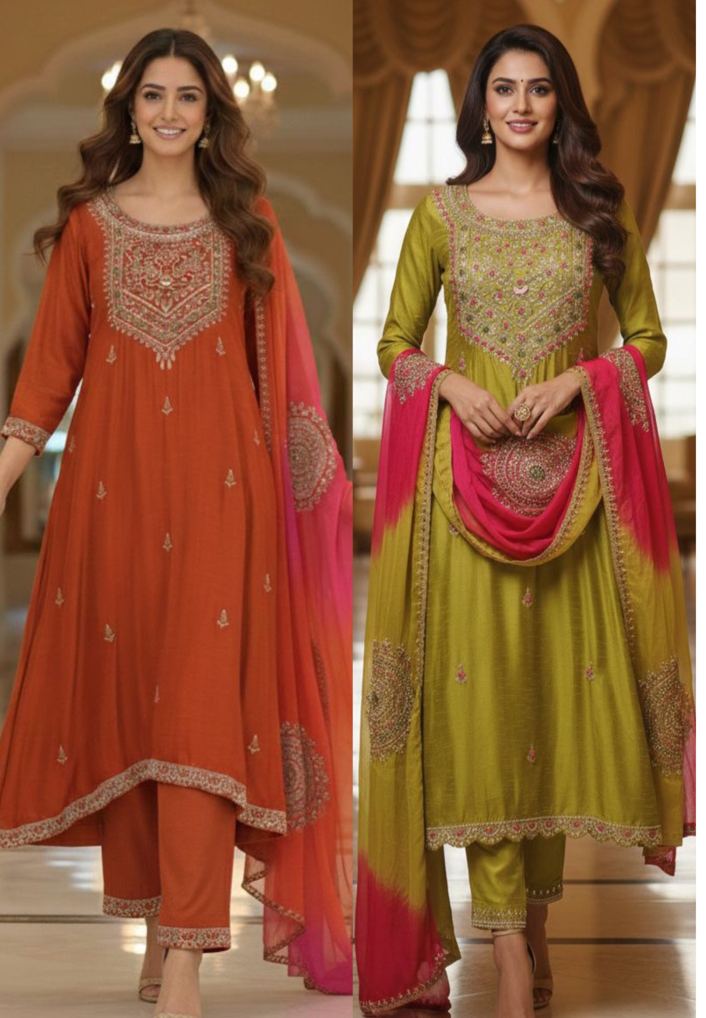 Grand Front Work A-Line Full Suit Set With Heavily Work Dual-Tone Dupatta In Dola Silk Fabric- 12791, 12792