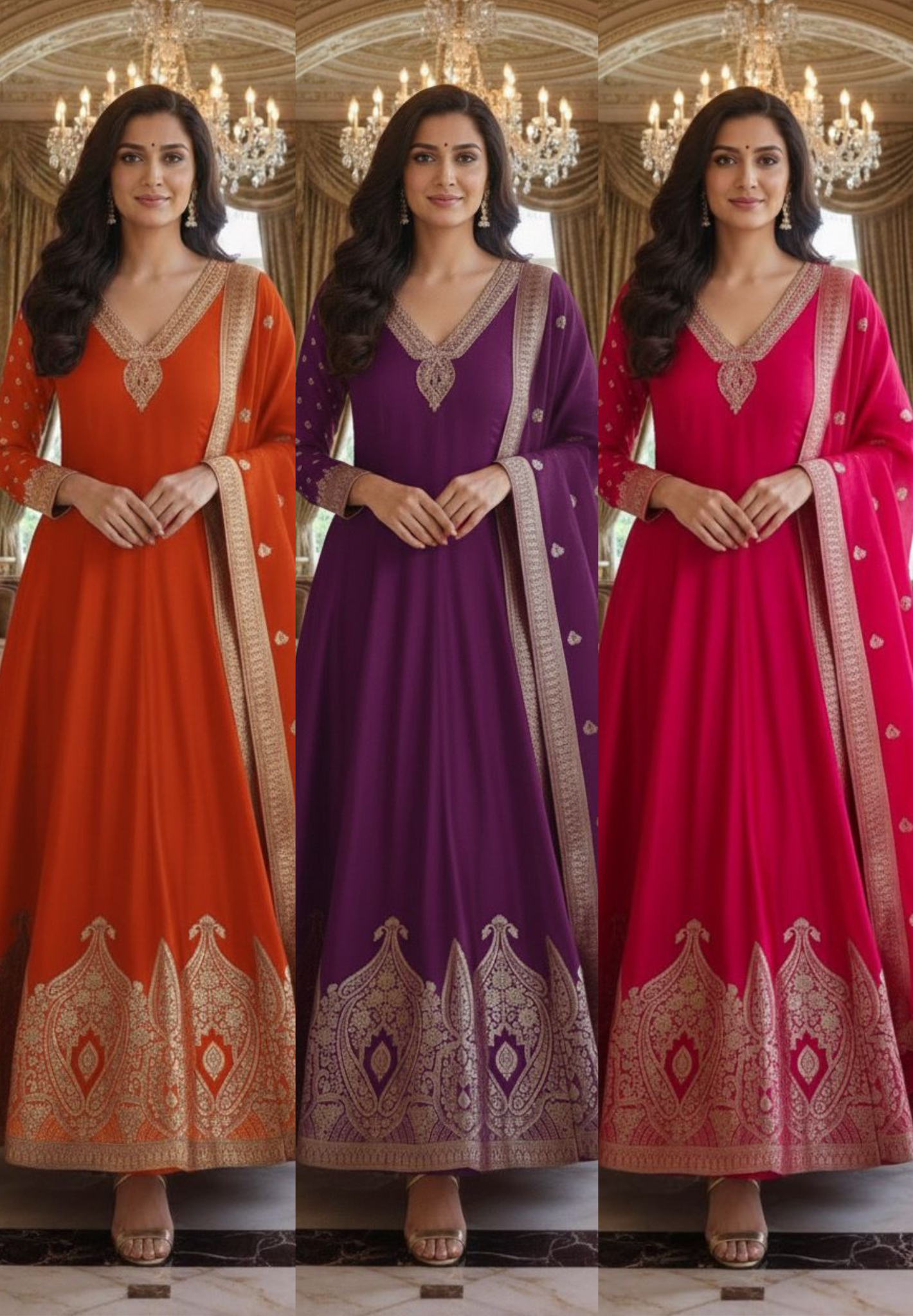 V-Neck Line Minimal Hand Work Banarasi Touch Panel Vibrant Anarkali Full Suit Set With Dupatta In Dola Silk Fabric- 12830, 12831, 12832