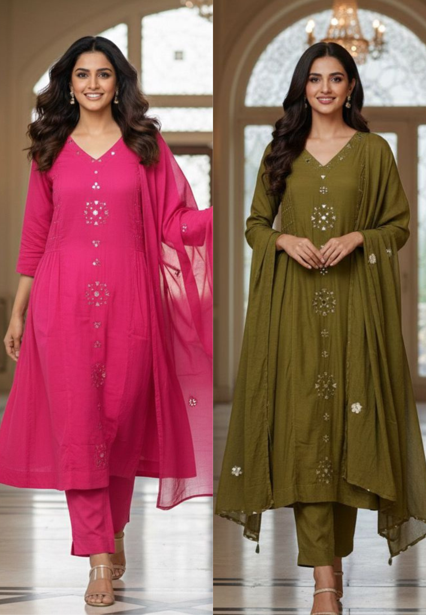 Real Mirror Thread Upwork A-Line Full Suit Set With Dupatta In Mul Cotton Fabric-12863,12864