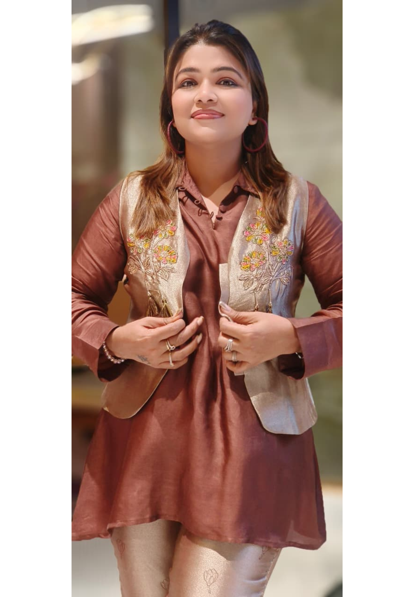 Premium Look Multicolor Floral Thread Work Outer With Kurta Pant In Banarasi Tissue Fabric- 12871