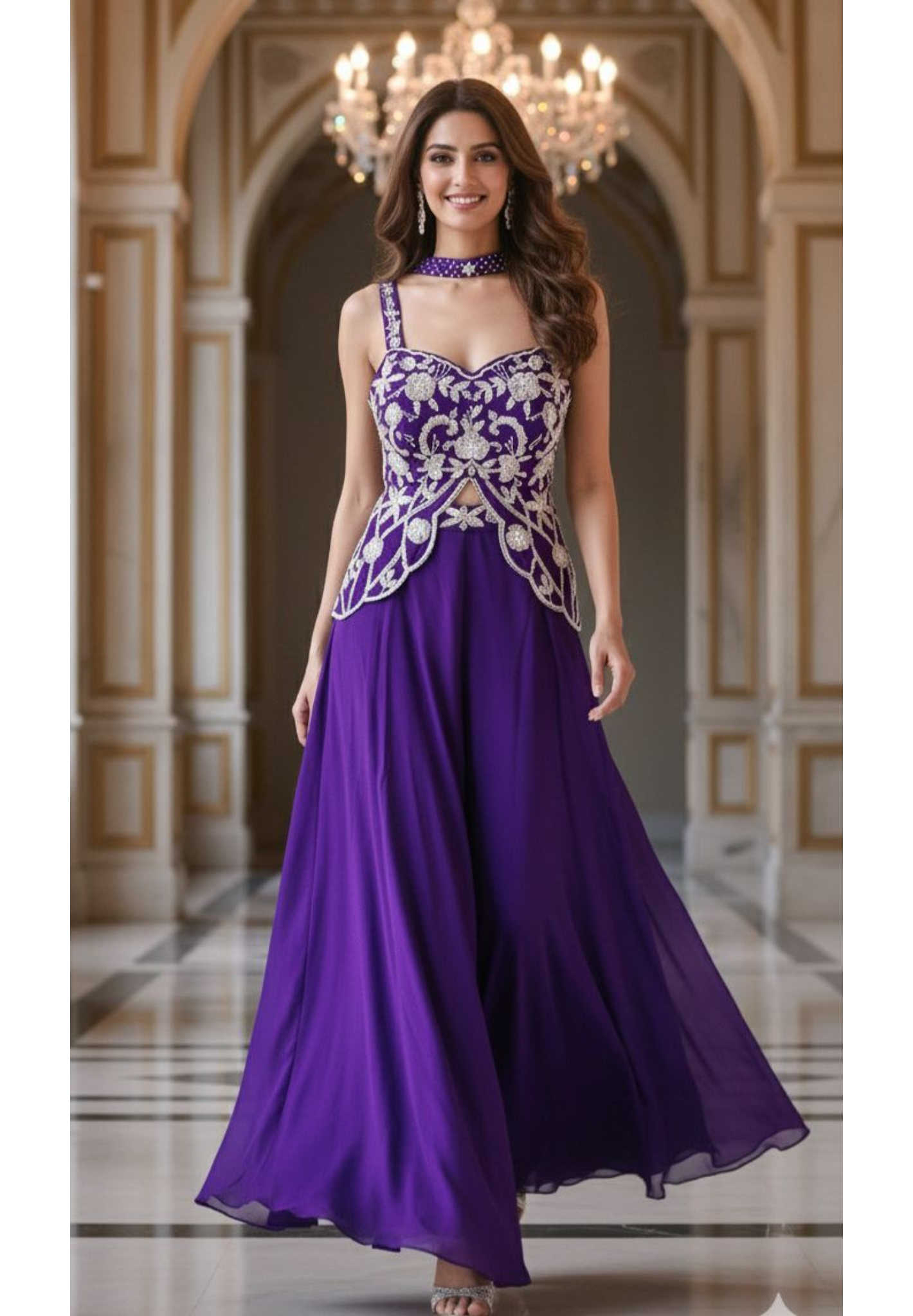 Royal Purple Heavy Embroidered Butterfly Style Top With Loose Palazzo Set with Intricate Cut-Work Detailing And Choker Dupatta