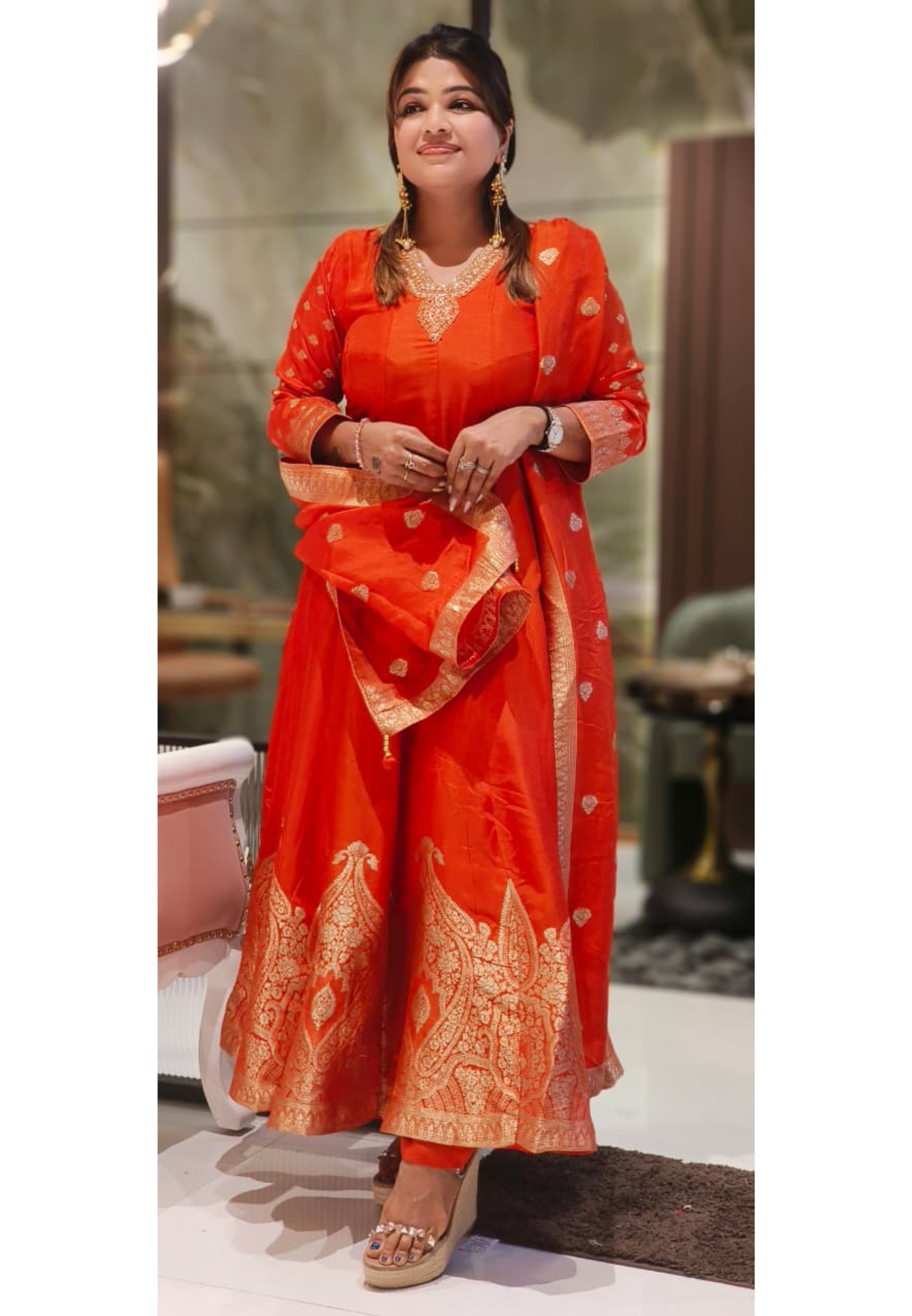 V-Neck Line Minimal Hand Work Banarasi Touch Panel Vibrant Anarkali Full Suit Set With Dupatta In Dola Silk Fabric- 12830, 12831, 12832